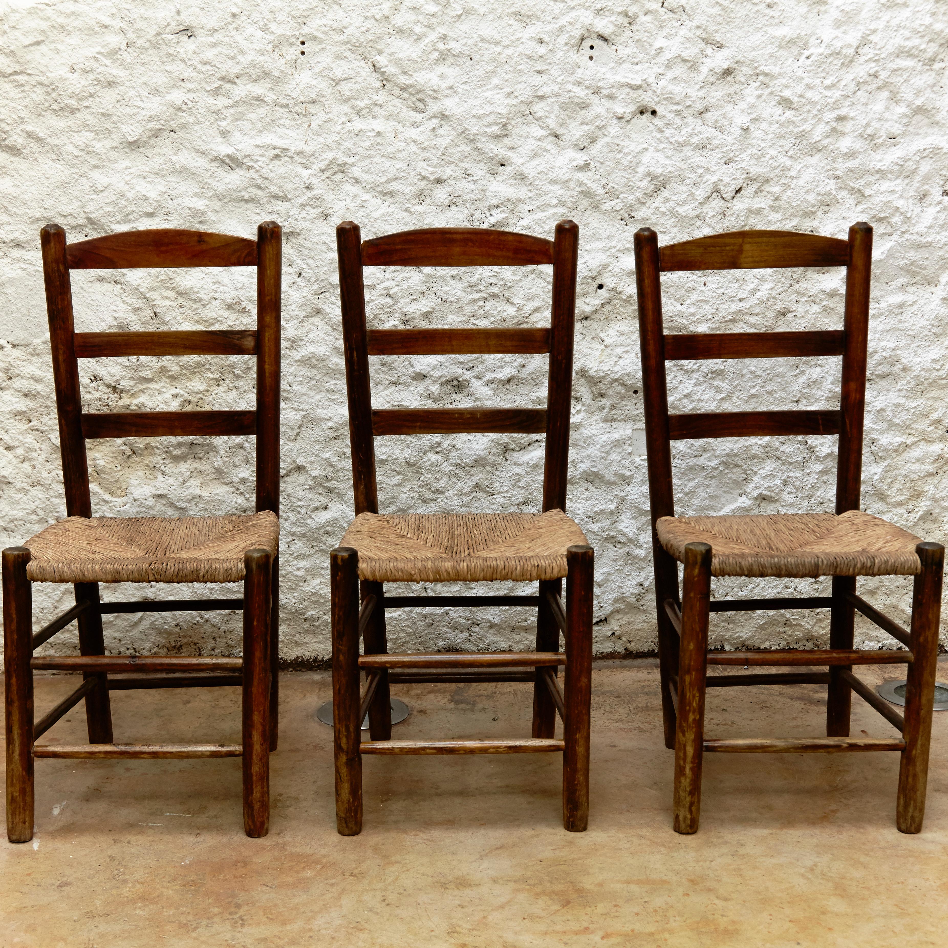 Set of Six Chairs in the style of Charlotte Perriand, Wood & Rattan, circa 1950 In Good Condition In Barcelona, Barcelona