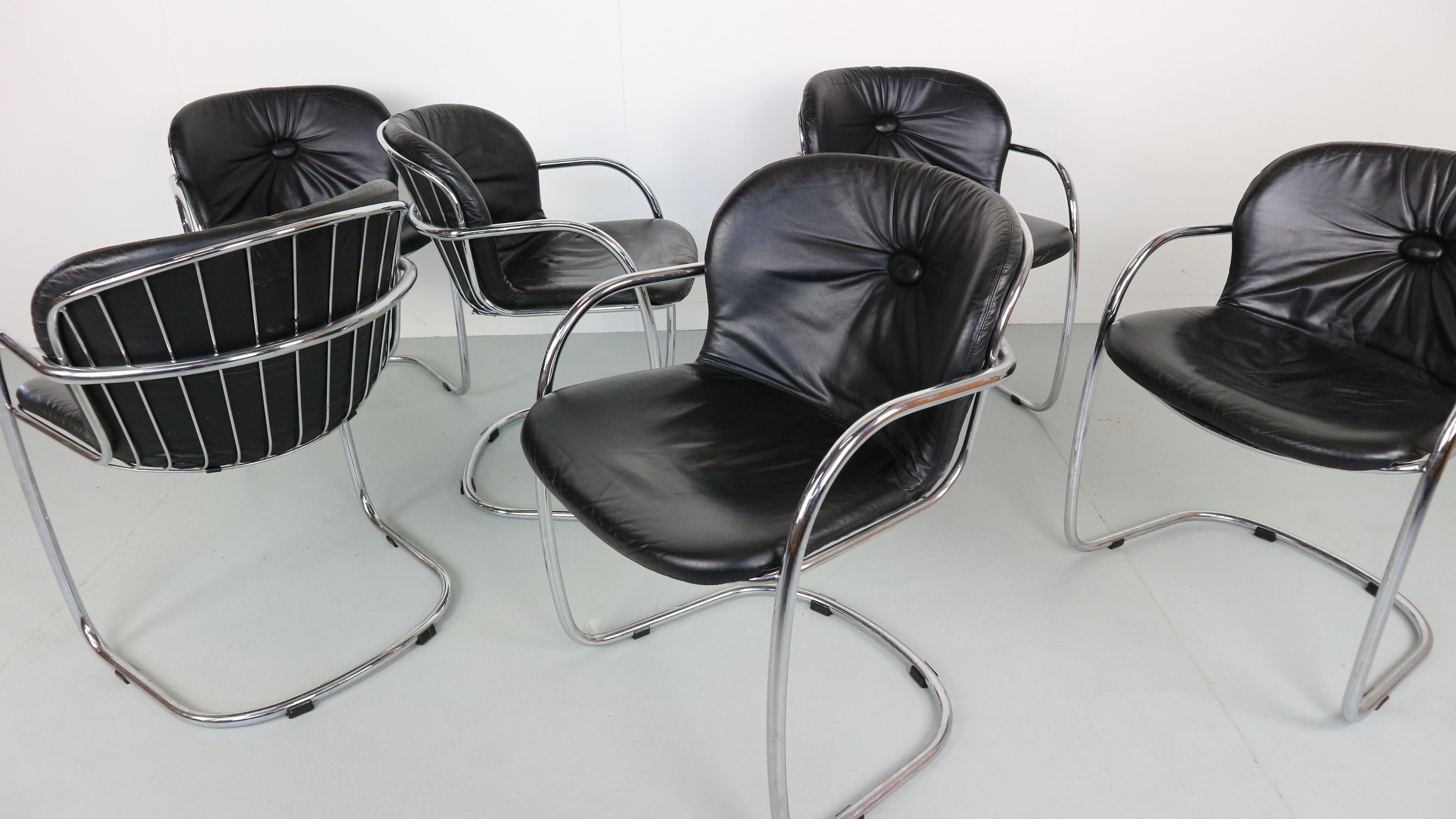 Set of Six Chairs by Gastone Rinaldi Leather and Tubular Chromed Frame 1970s 5