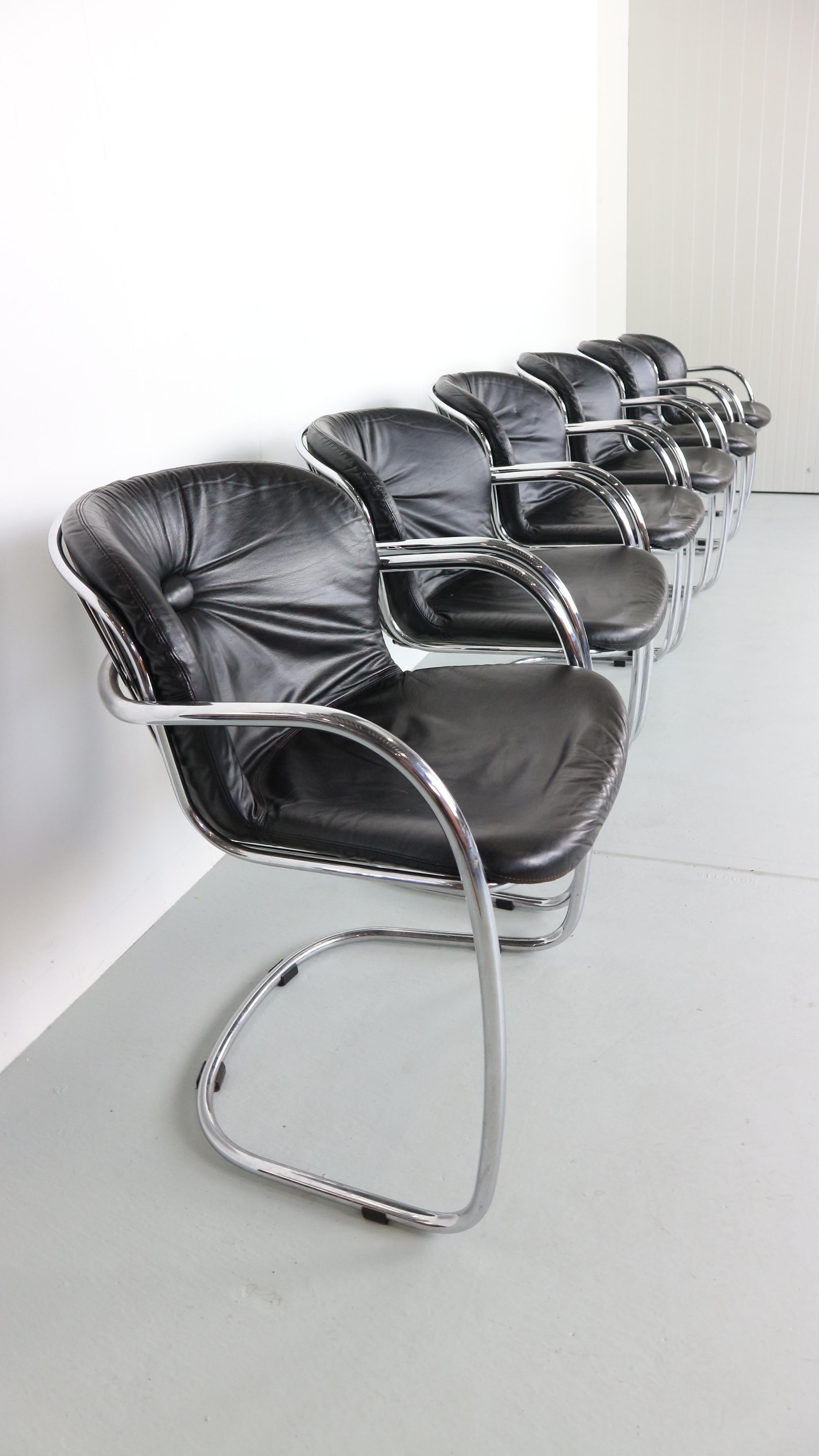 Italian Set of Six Chairs by Gastone Rinaldi Leather and Tubular Chromed Frame 1970s