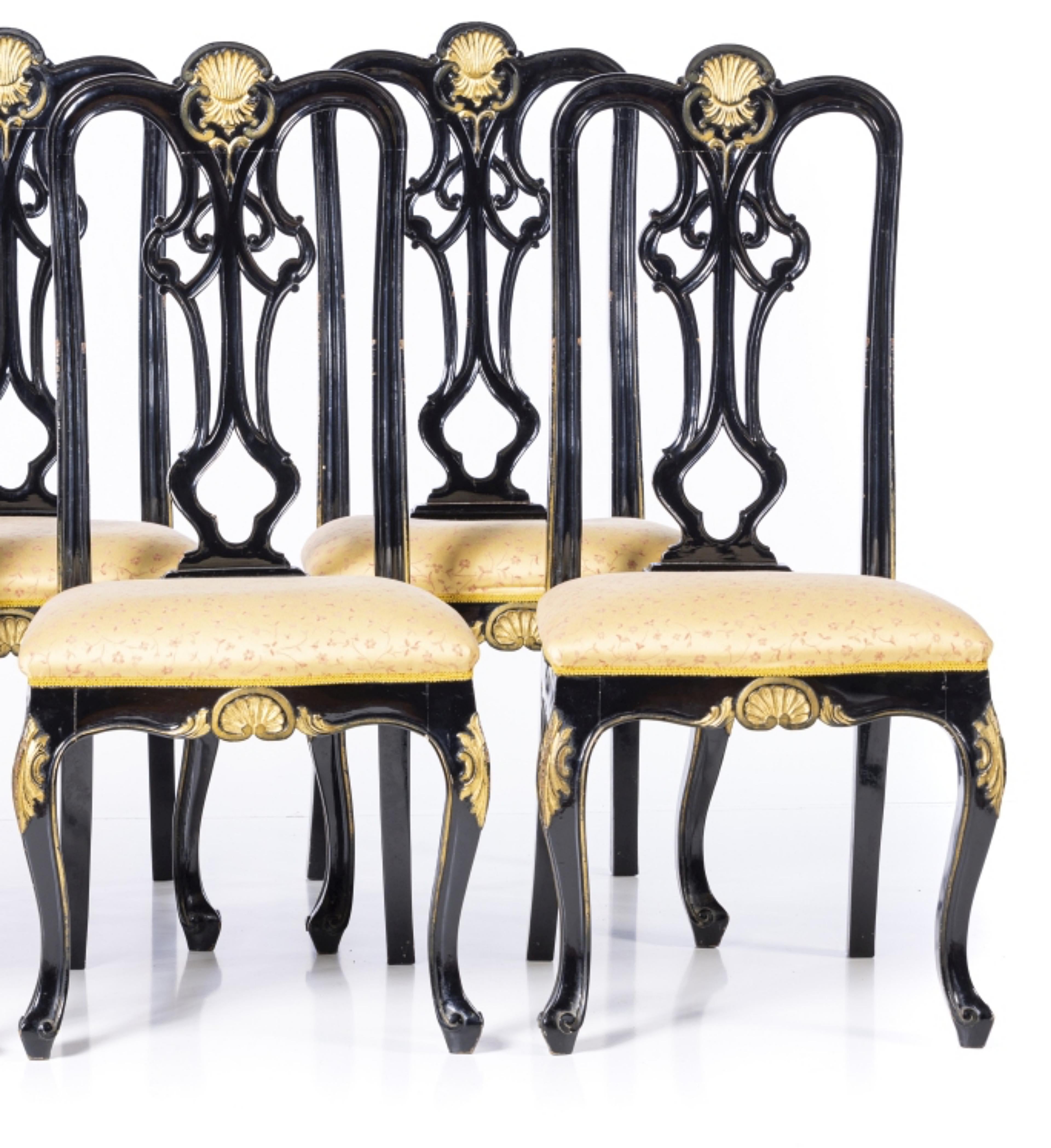 Ensemble de six chaises

Français, à partir du 20ème siècle
en bois laqué et doré. Dossier creux, sièges rembourrés. 
Petits défauts. 
Dim. : 109 x 52 x 43 cm