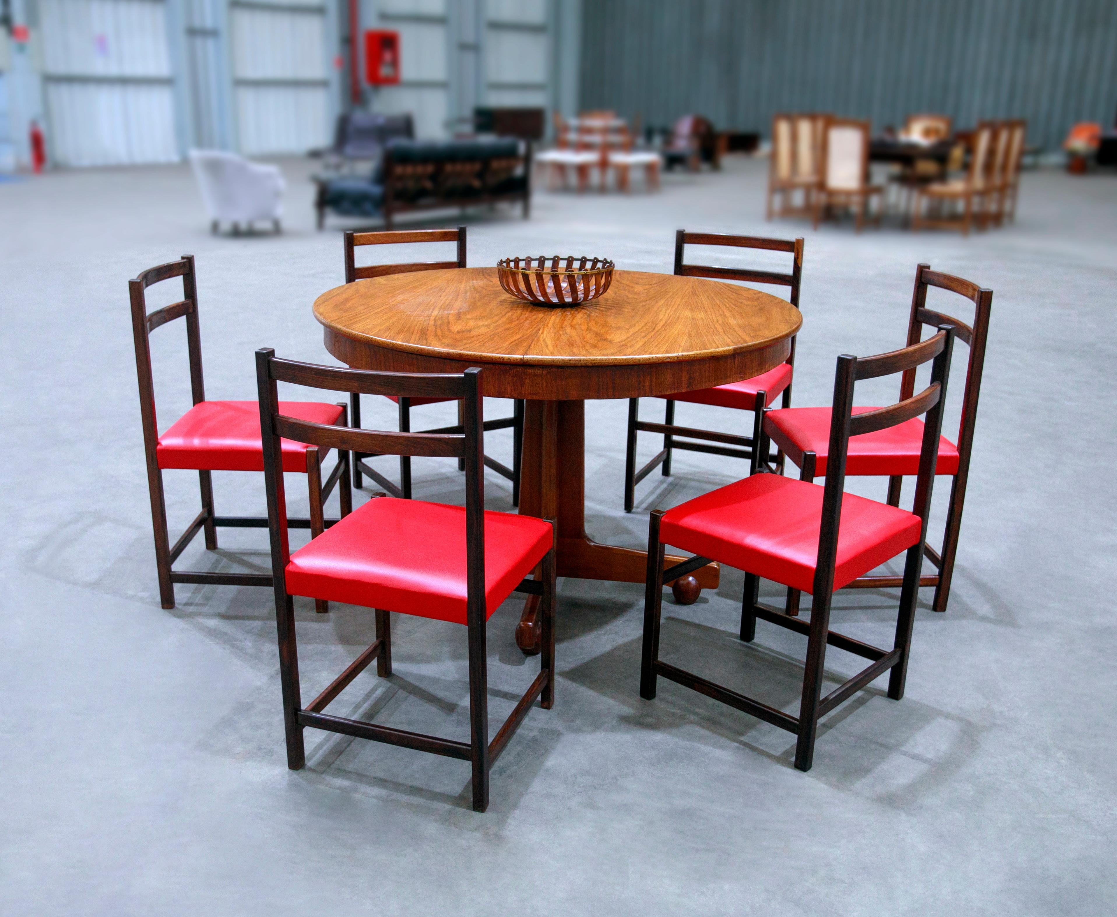 Mid-Century Modern Set of Six Chairs in Hardwood & Red Leather by Celina Decoracoes, 1960s  For Sale