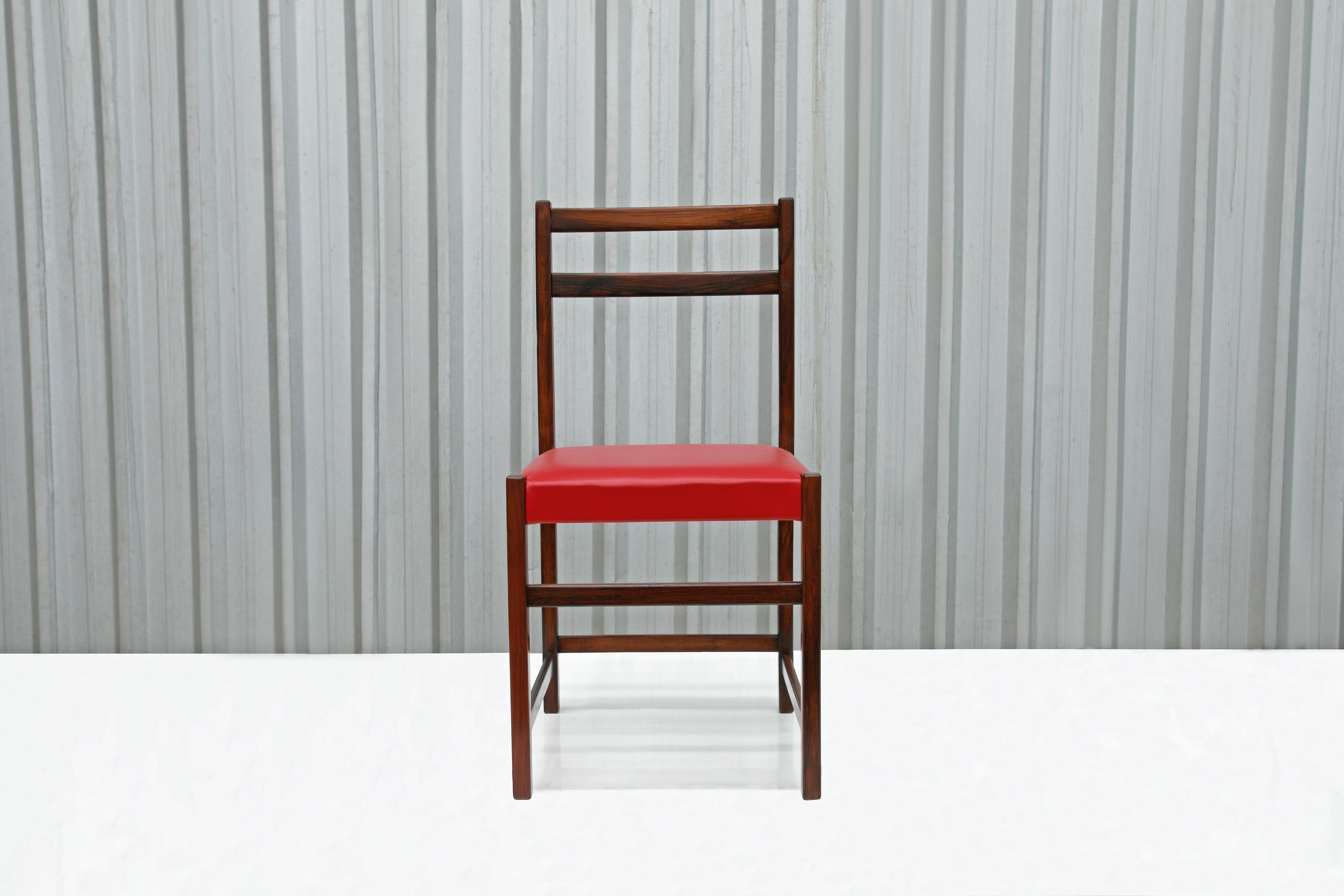 Brazilian Set of Six Chairs in Hardwood & Red Leather by Celina Decoracoes, 1960s  For Sale