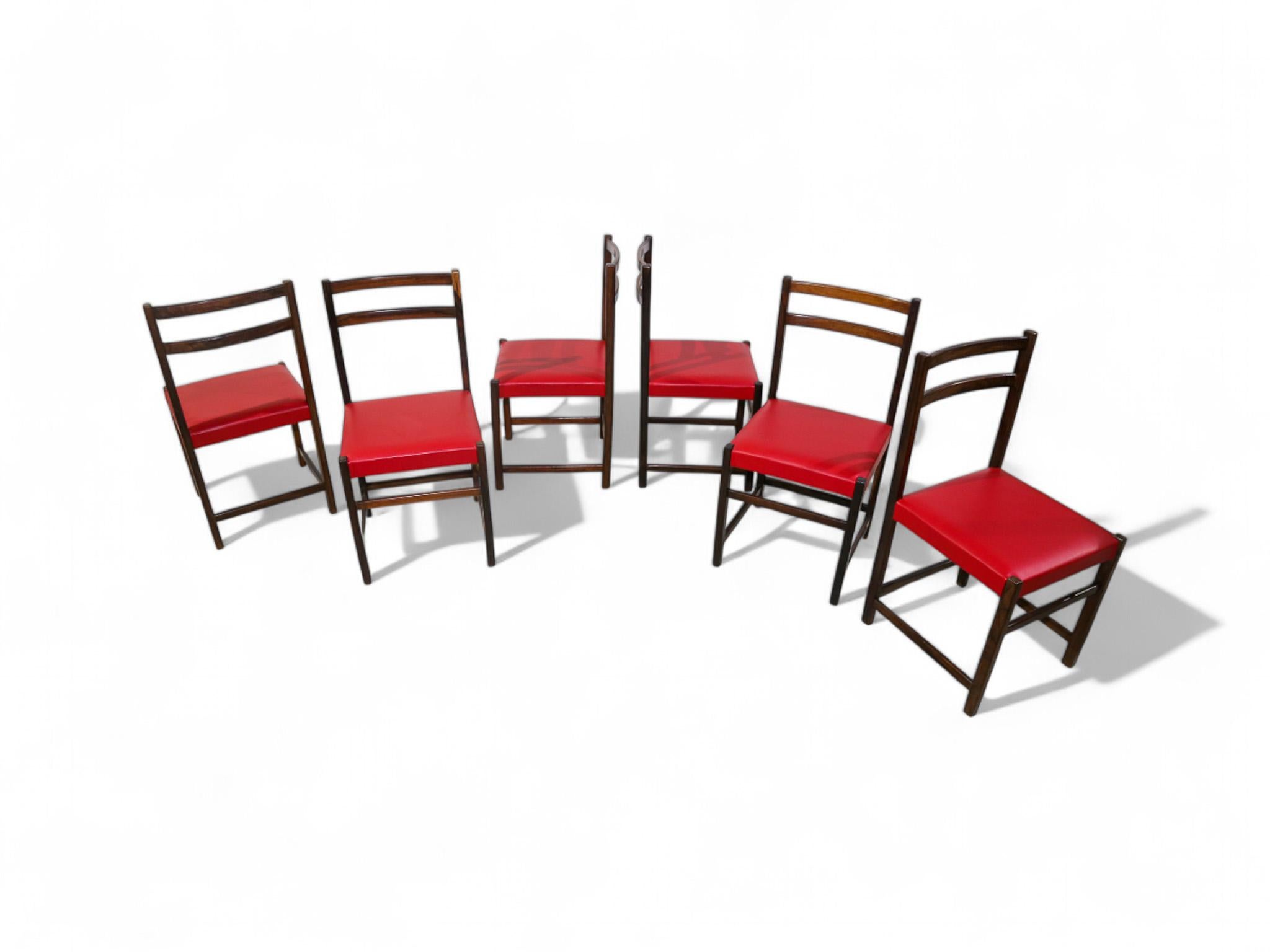 Brazilian Set of Six Chairs in Hardwood & Red Leather by Celina Decoracoes, 1960s For Sale