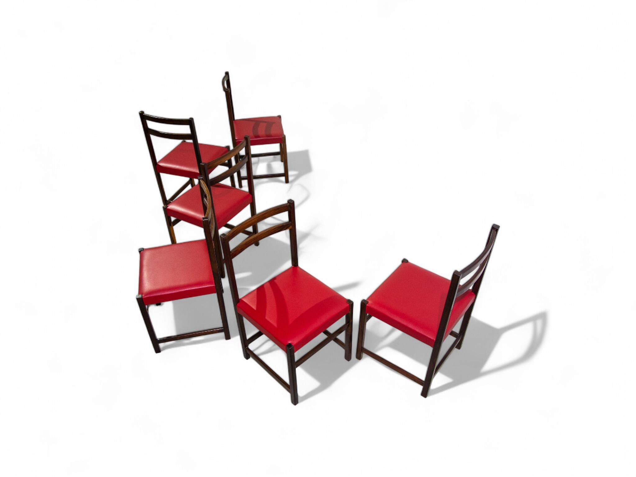 Woodwork Set of Six Chairs in Hardwood & Red Leather by Celina Decoracoes, 1960s For Sale