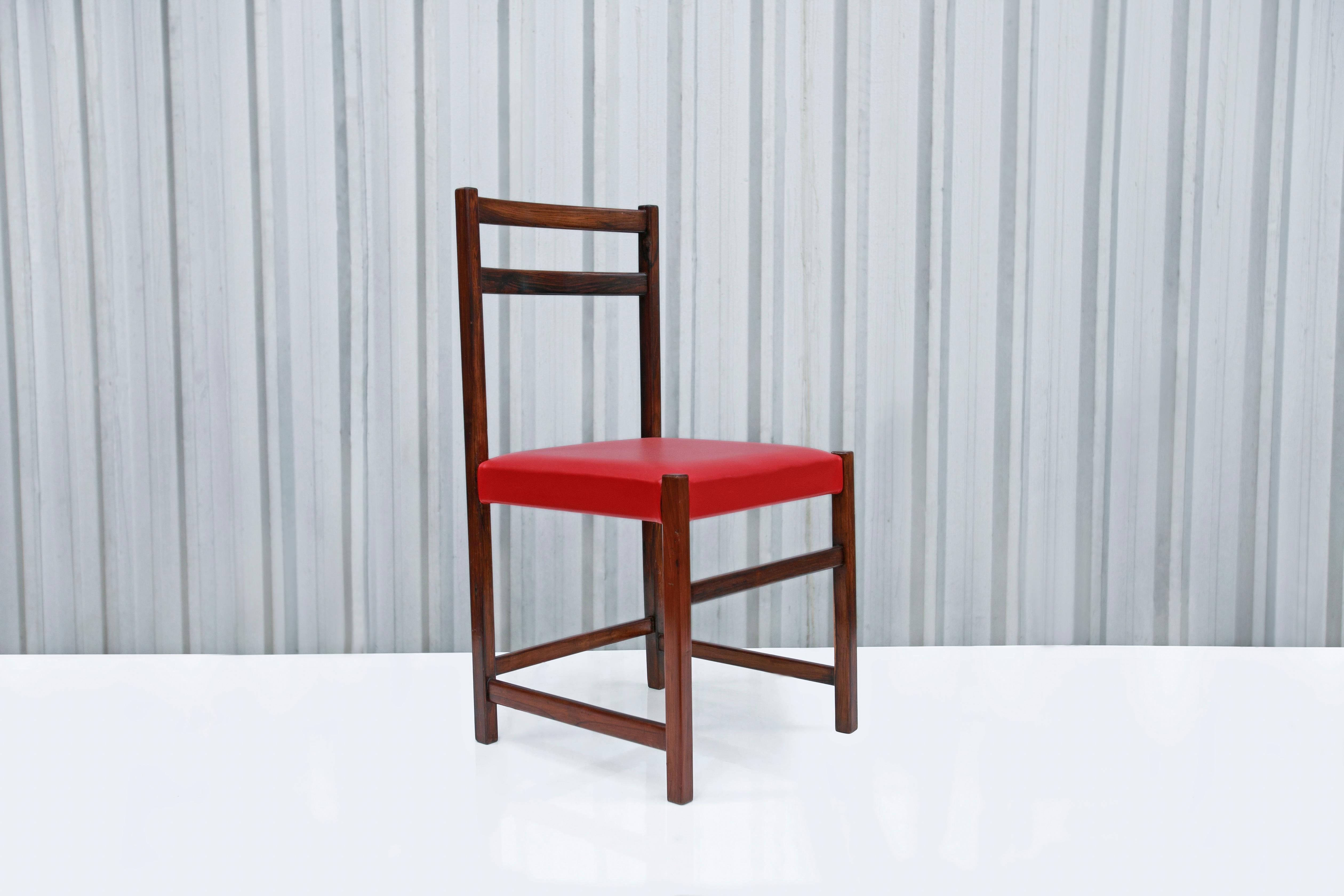 Set of Six Chairs in Hardwood & Red Leather by Celina Decoracoes, 1960s  For Sale 1