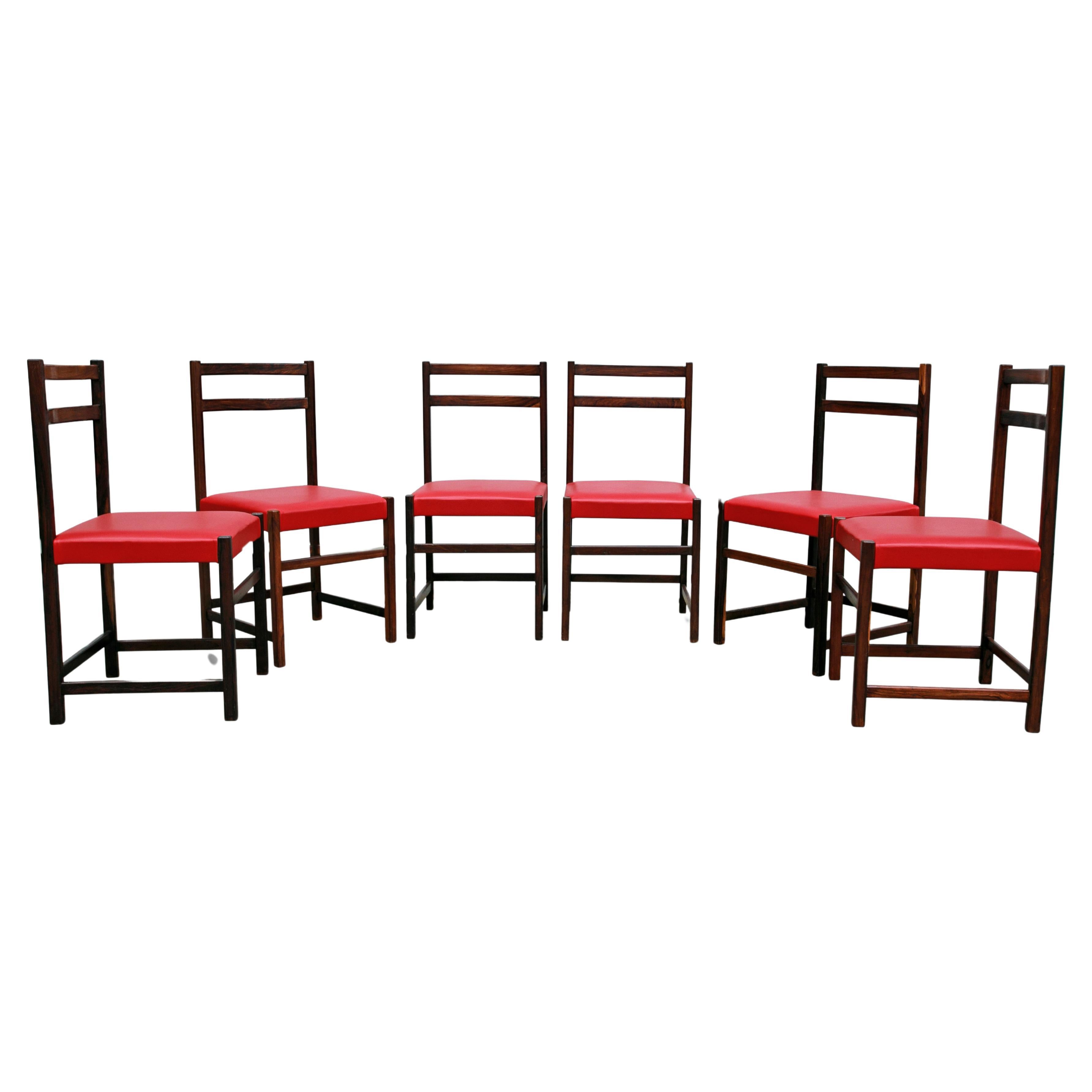 Set of Six Chairs in Hardwood & Red Leather by Celina Decoracoes, 1960s  For Sale