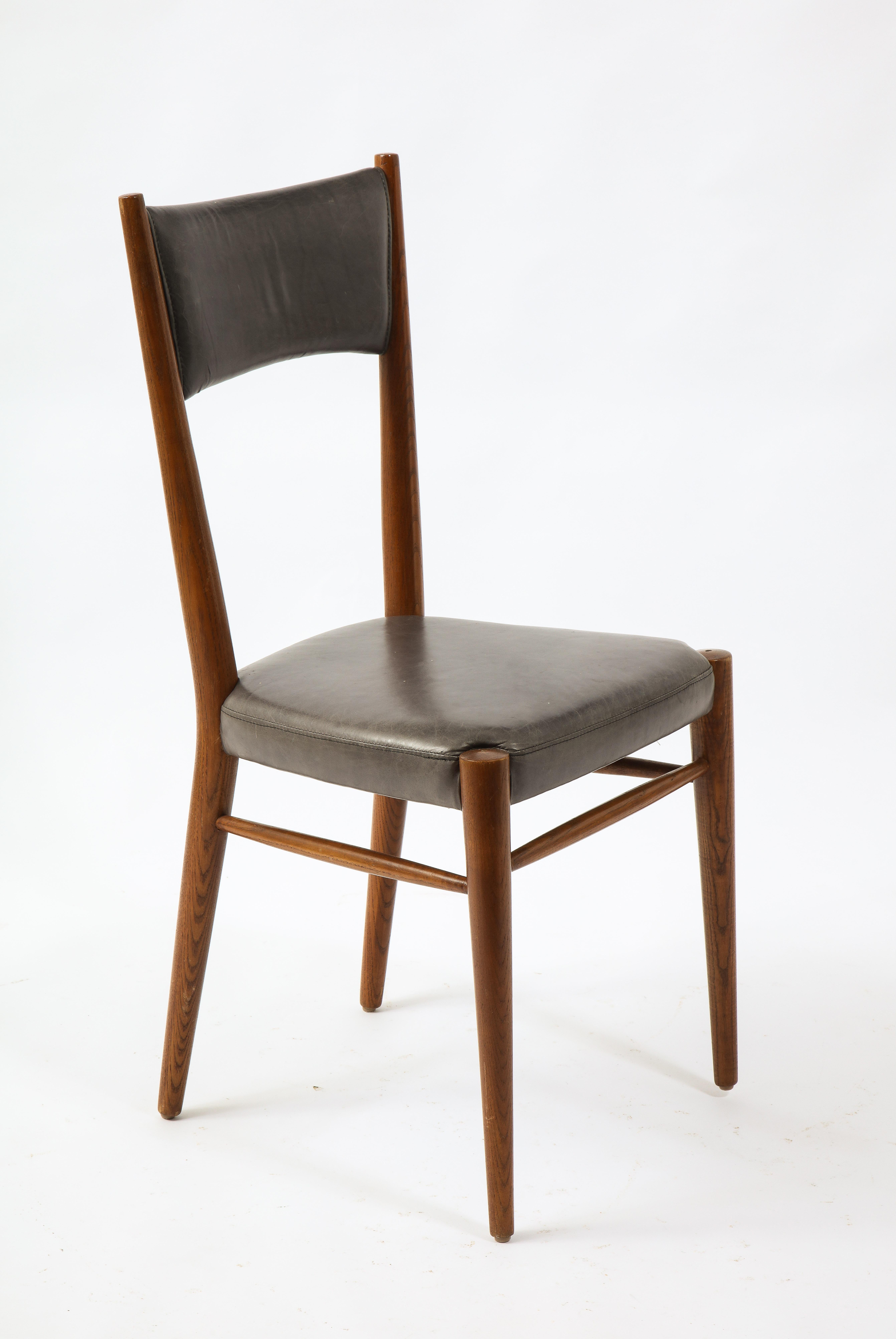 Set of Six Chairs in Leather & Oak by Genevieve Pons, France 1950's 8