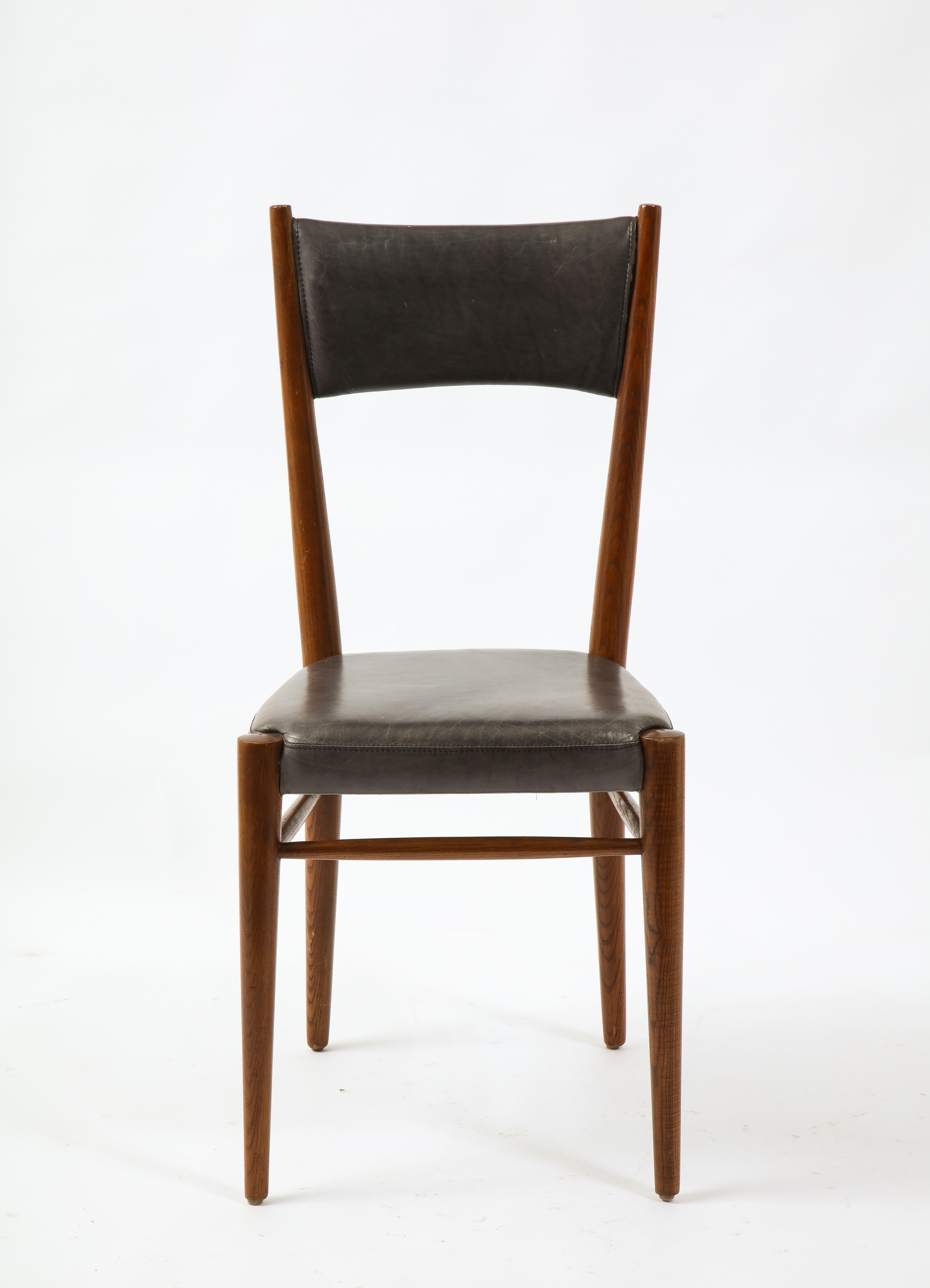 Mid-Century Modern Set of Six Chairs in Leather & Oak by Genevieve Pons, France 1950's