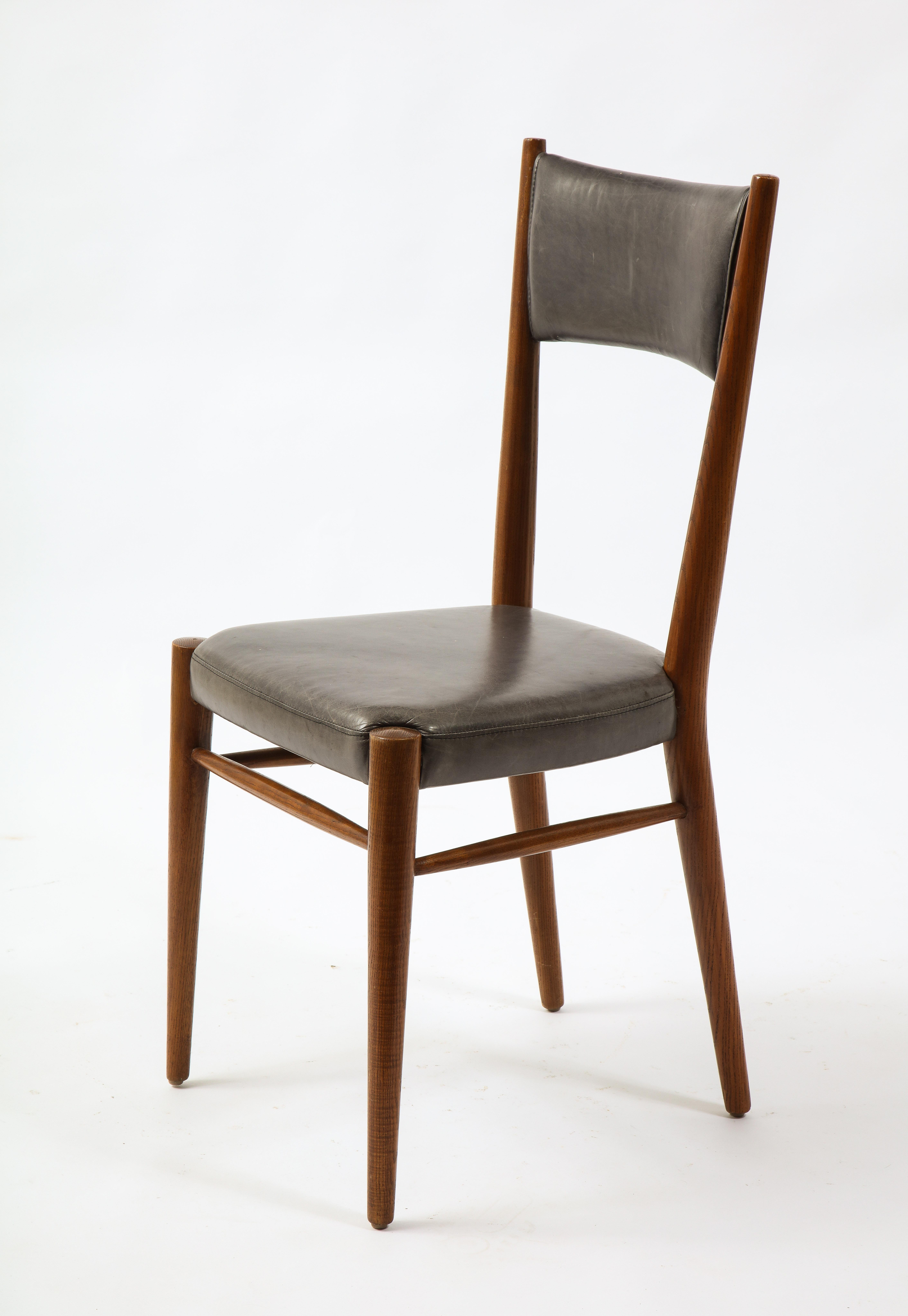 20th Century Set of Six Chairs in Leather & Oak by Genevieve Pons, France 1950's