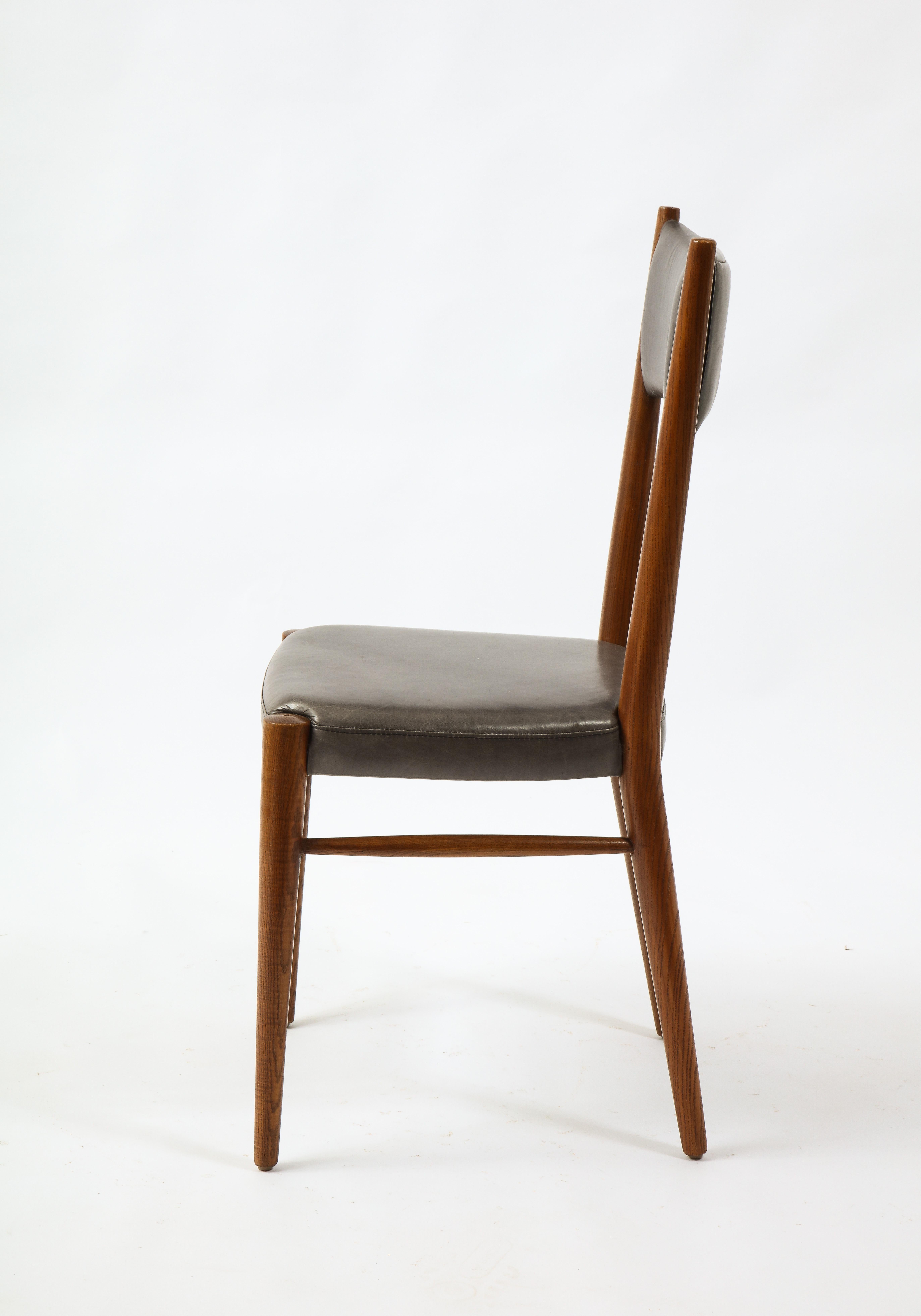 Set of Six Chairs in Leather & Oak by Genevieve Pons, France 1950's 1