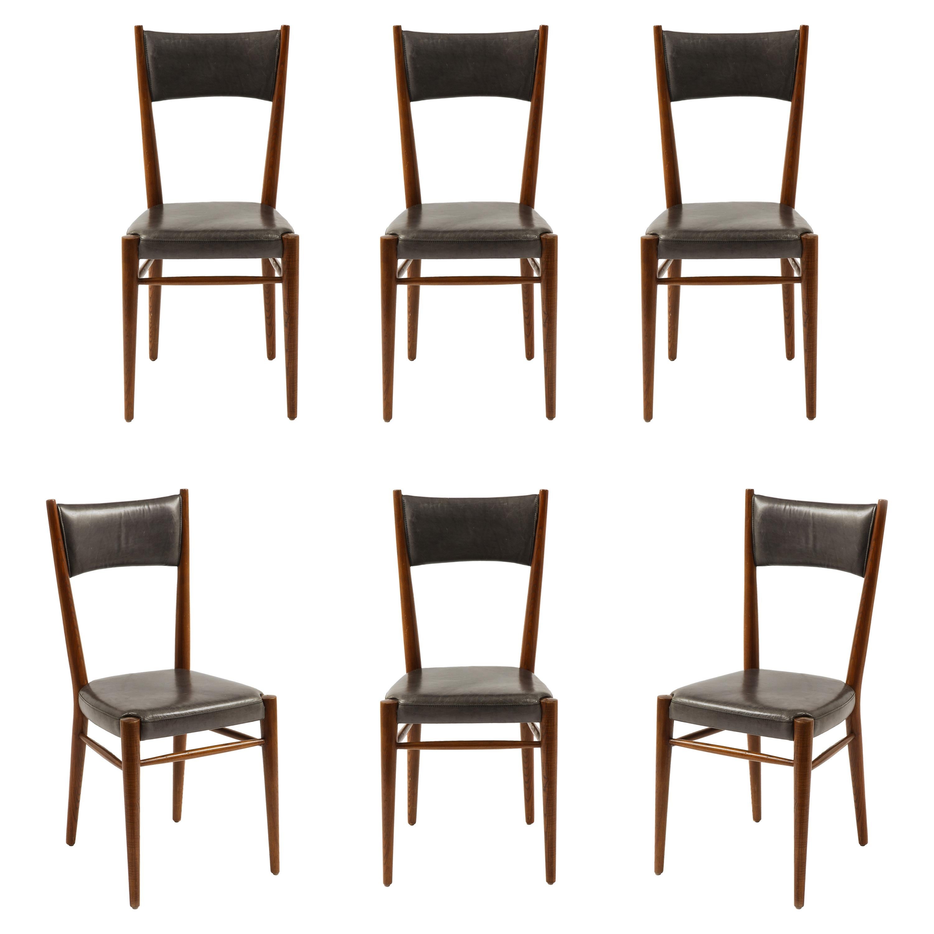 Set of Six Chairs in Leather & Oak by Genevieve Pons, France 1950's