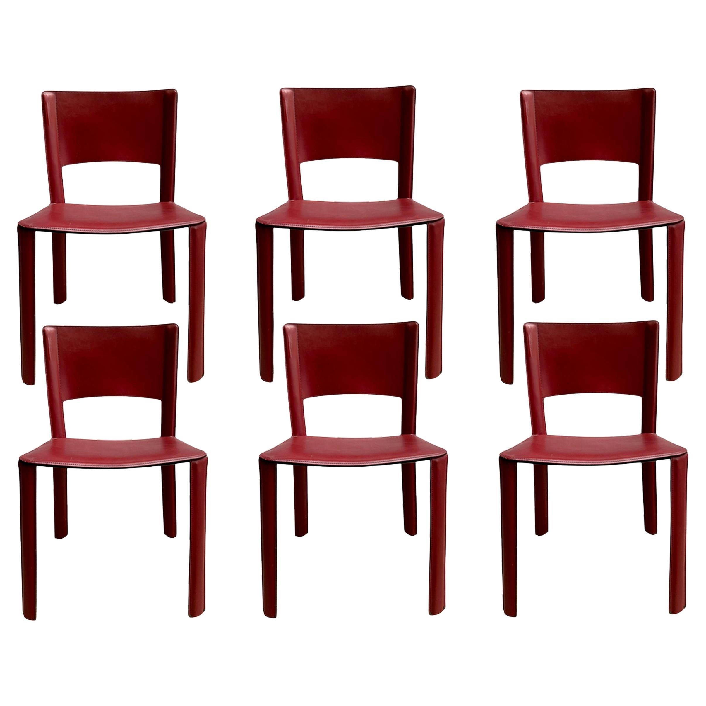 Set of six chairs in red leather, Cidue, Italy, circa 1970