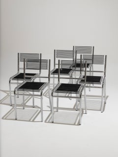 Satz von sechs Stühlen aus Stahl und elastischer Schnur, René Herbst, 1970er Jahre