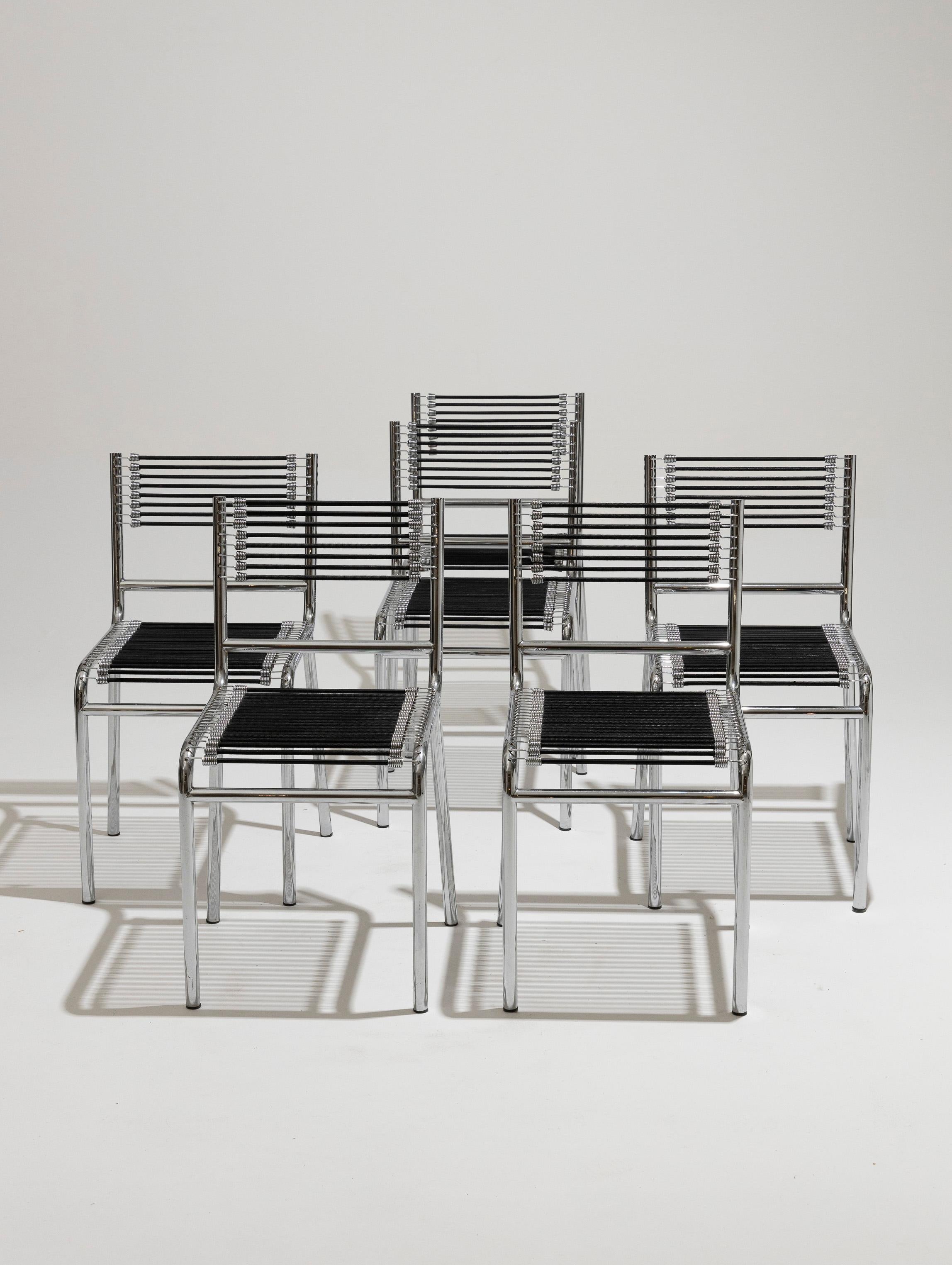 Modern Set of six chairs in steel and elastic cord, René Herbst, 1970s