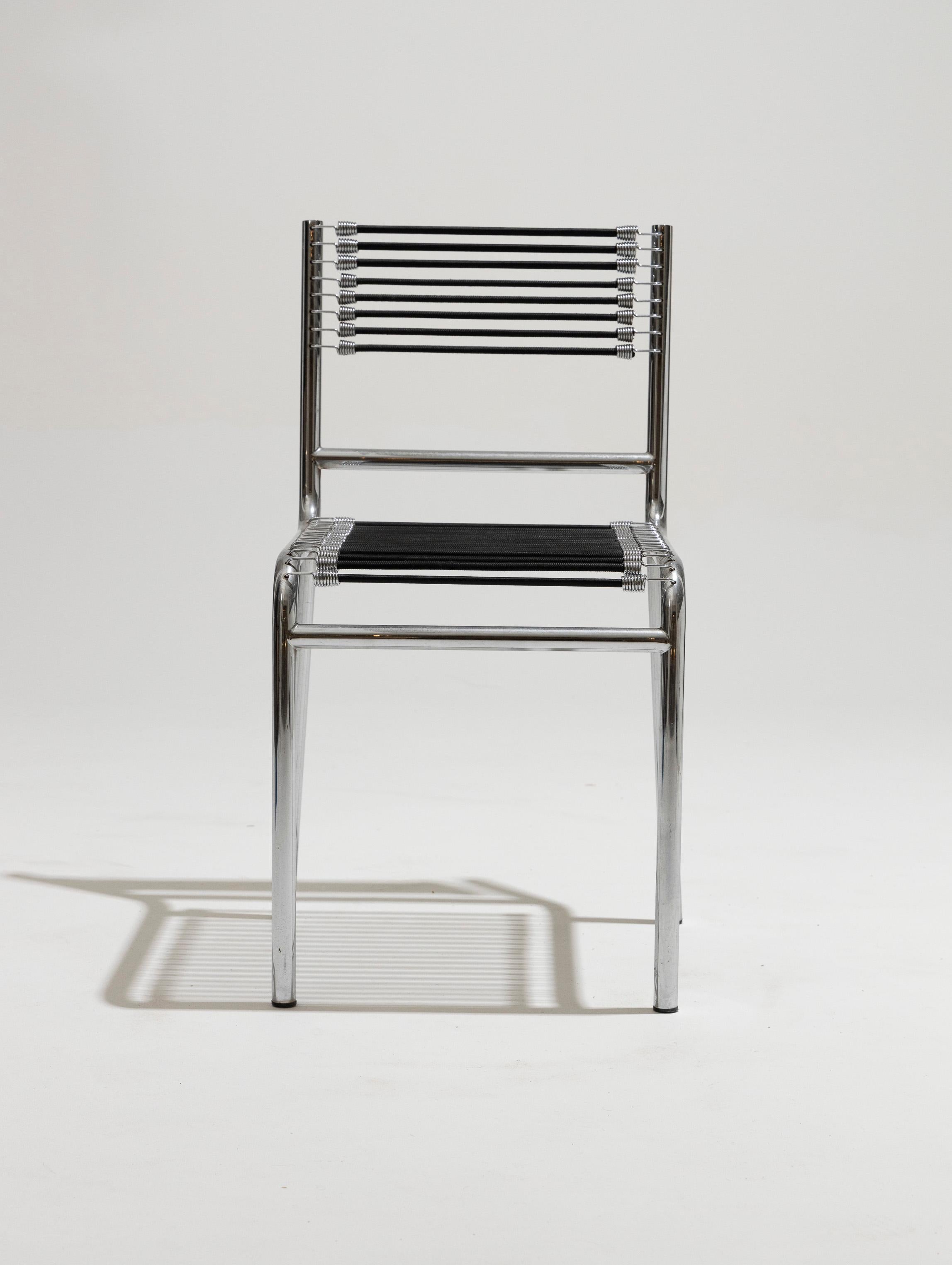 Set of six chairs in steel and elastic cord, René Herbst, 1970s 3