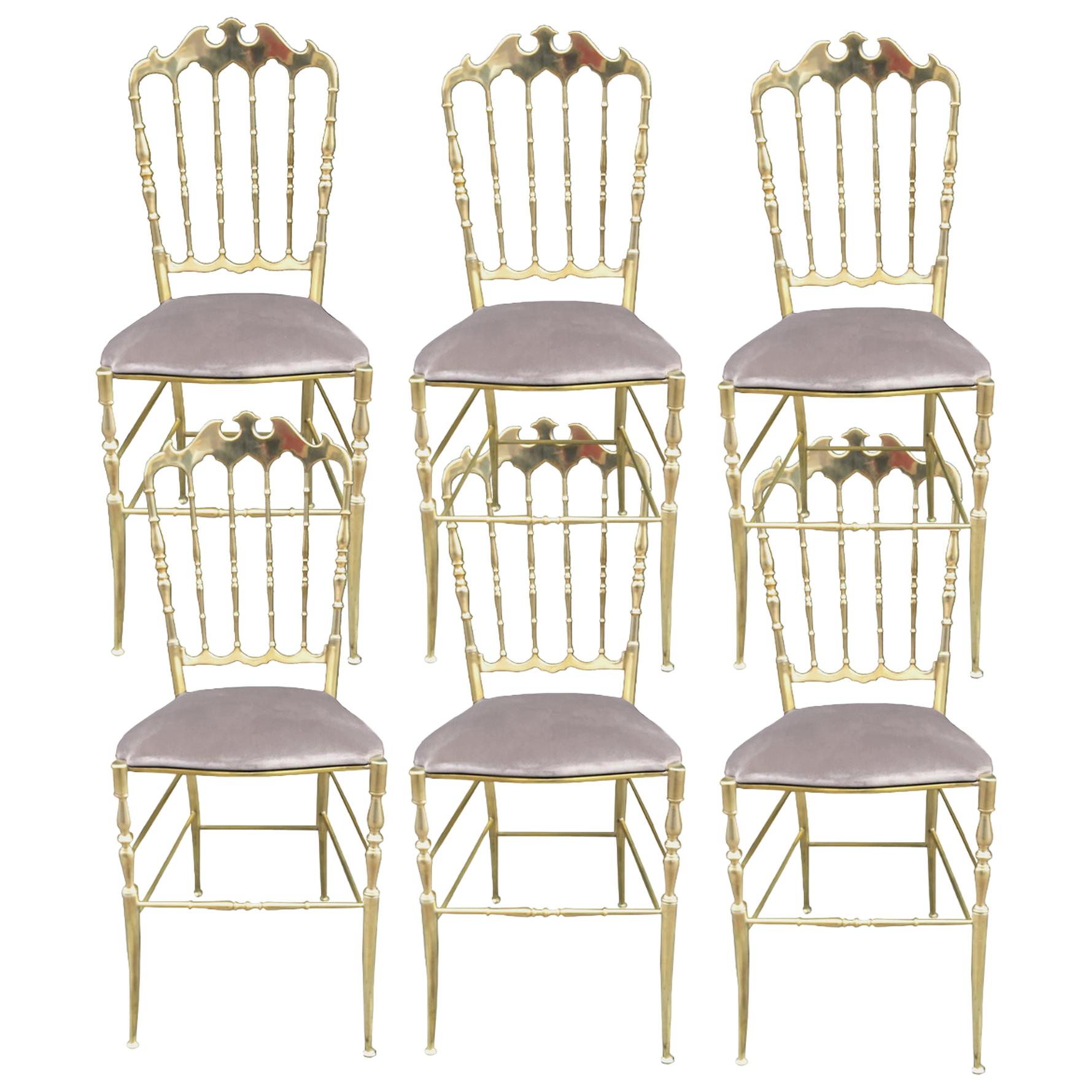 Set of Six Chairs in Turned and Polished Brass, Chiavari, Italy, circa 1960 For Sale