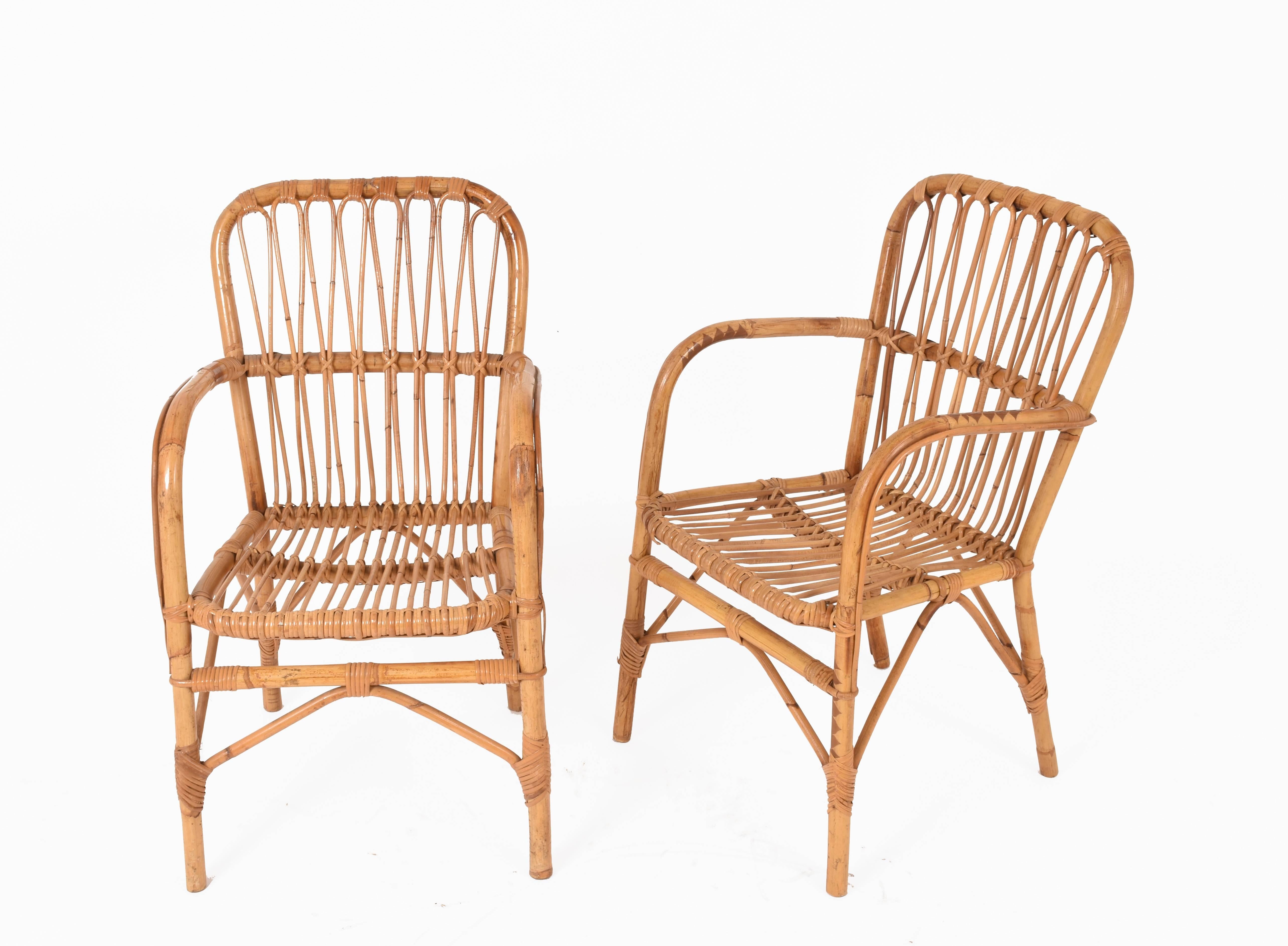 Set of six chairs midcentury Franco Albini style armchairs. Bamboo and wicker.