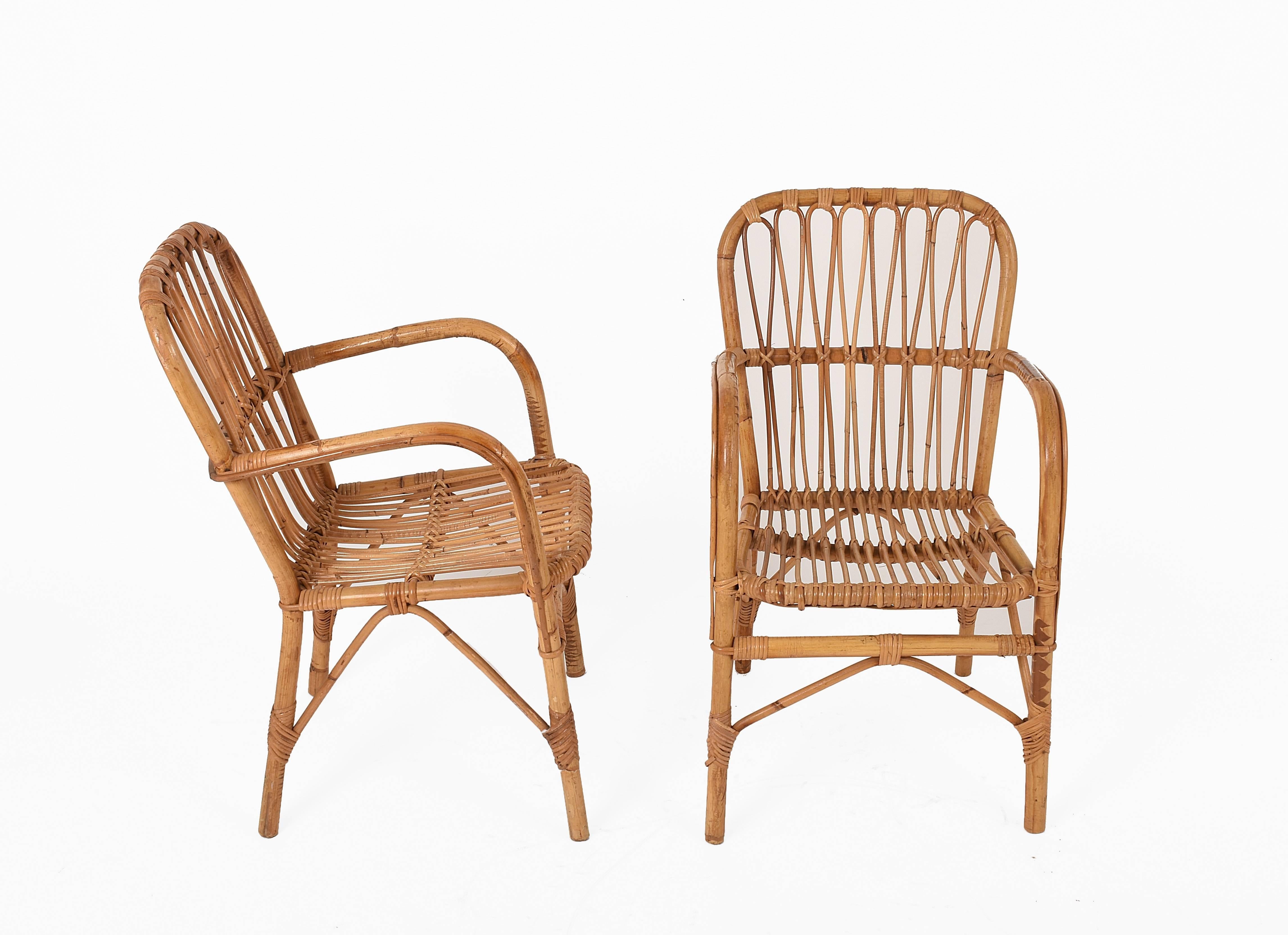 Mid-Century Modern Set of Six Chairs Midcentury Franco Albini Style Armchairs, Bamboo and Wicker
