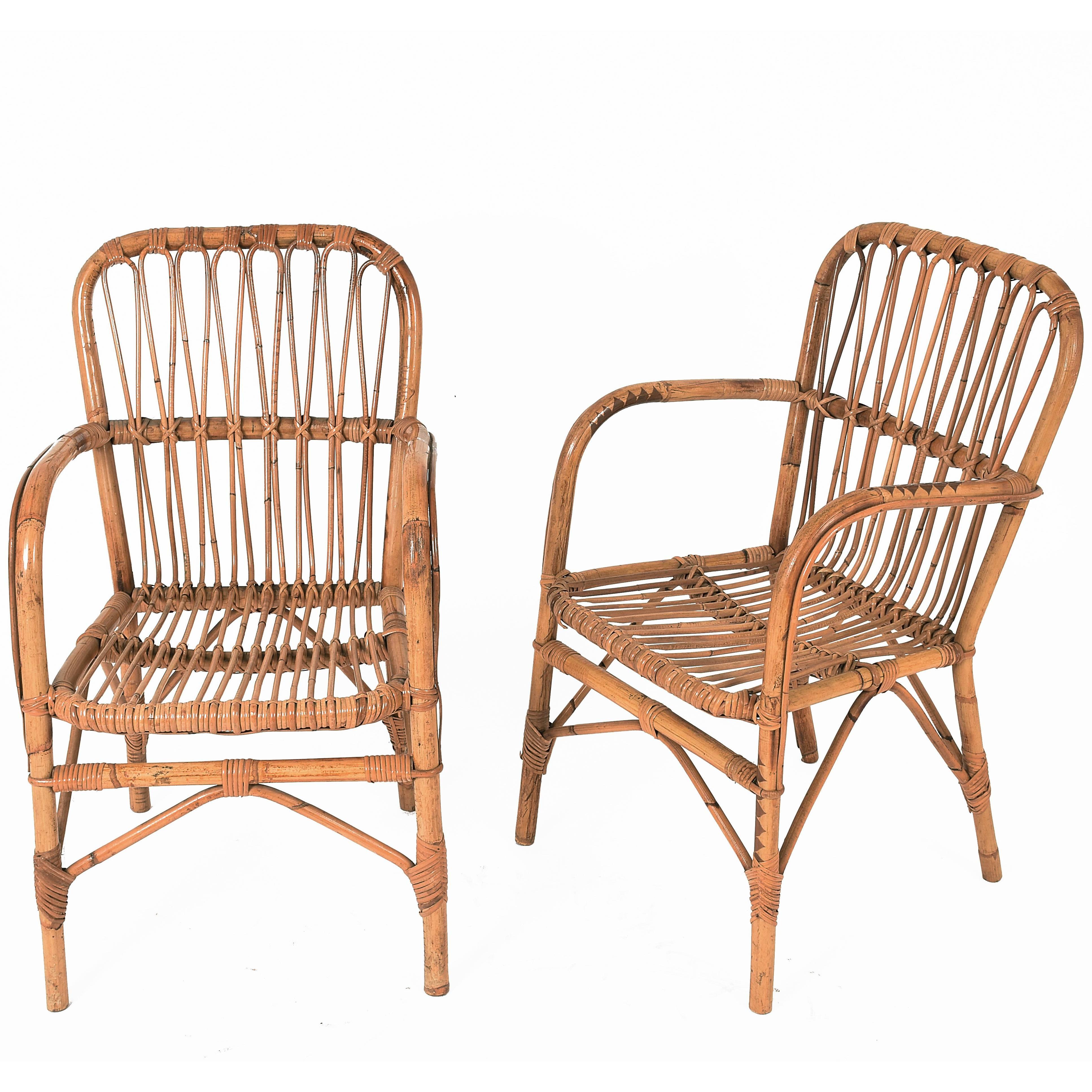 Set of Six Chairs Midcentury Franco Albini Style Armchairs, Bamboo and Wicker