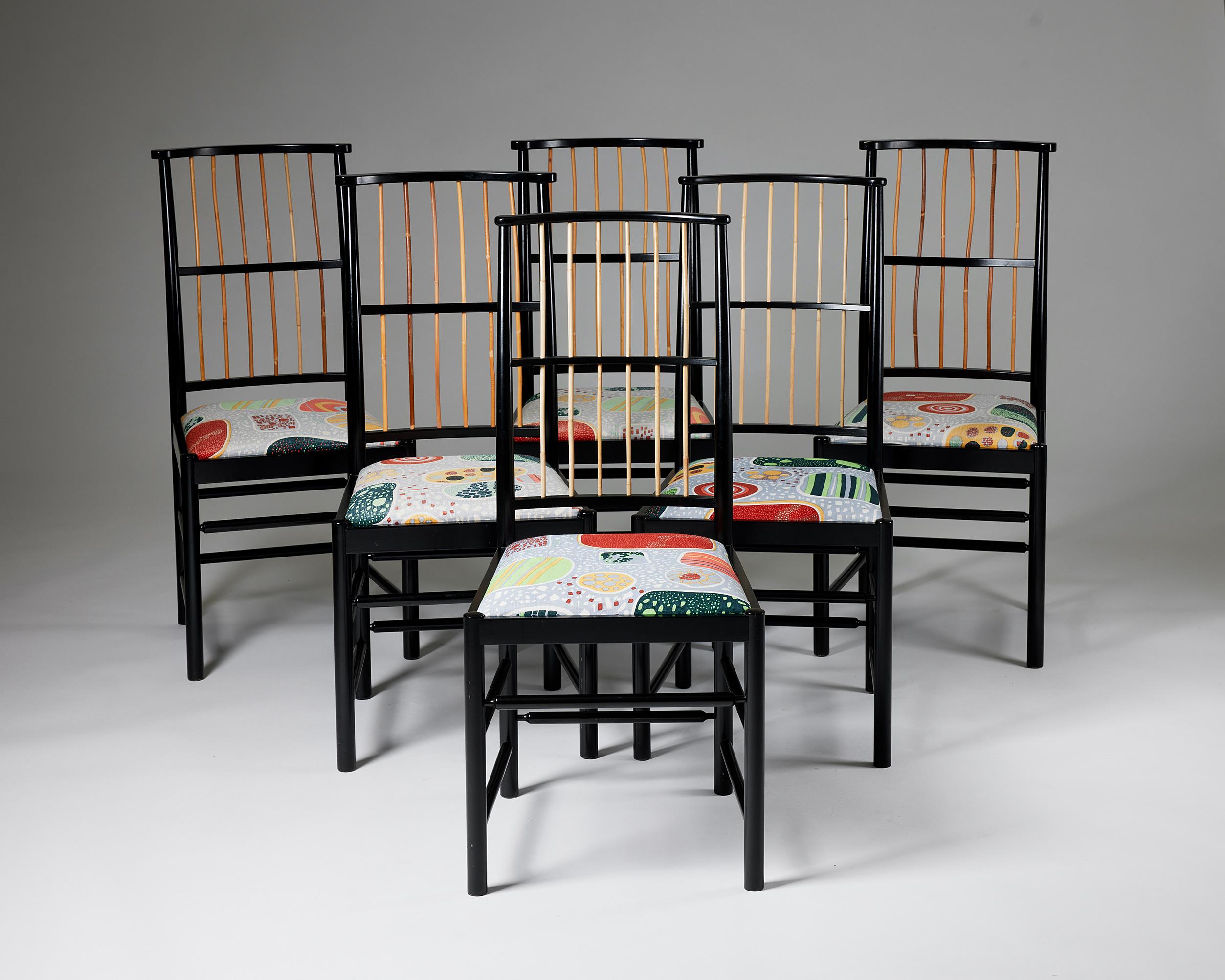 Set of six chairs model 2025 designed by Josef Frank for Svenskt Tenn,
Sweden, 1950s.

Lacquered wood frame and a fabric upholstered seat.

Marked.

Josef Frank designed this chair in 1925 for his company Haus und Garten in Vienna.

Measures: 
H: 96