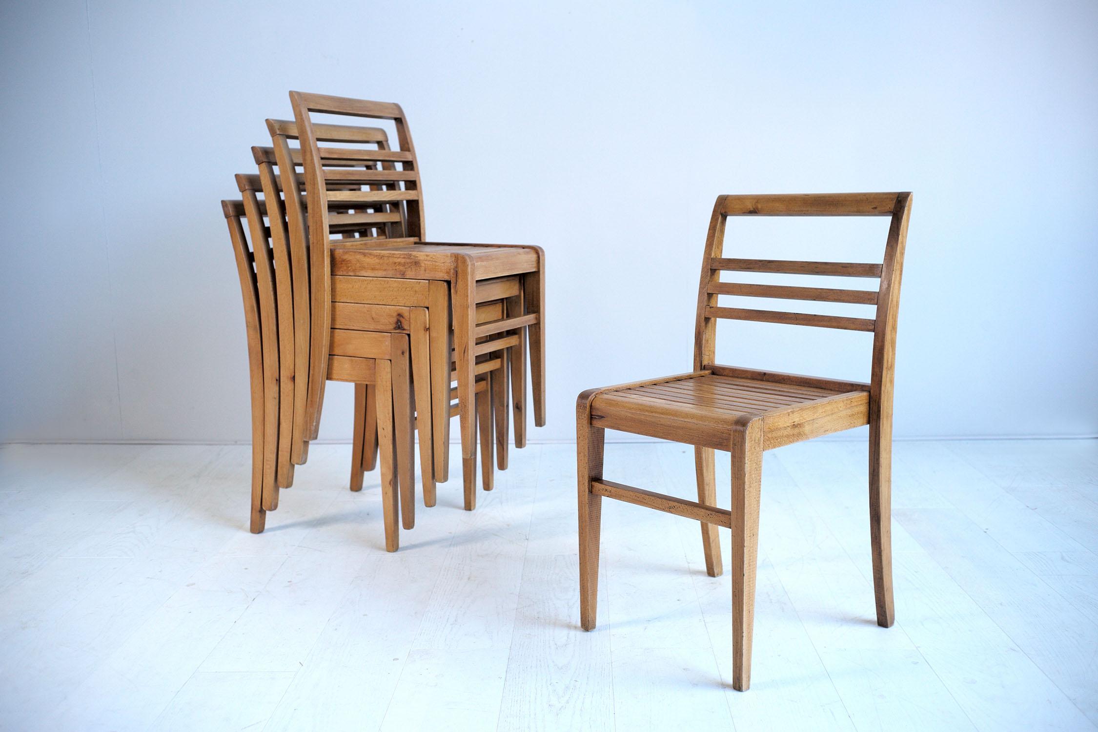 Beech Set of Six Chairs of René Gabriel, French Reconstruction, 1945