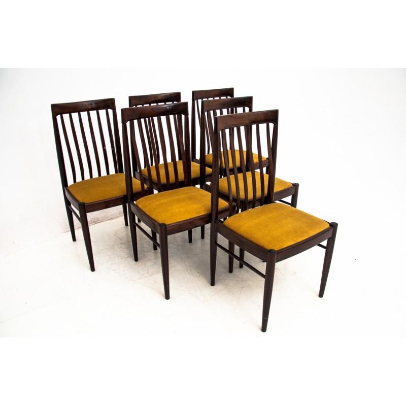 Set of six mahogany chairs, from Denmark, from circa 1960.
Chairs designed by Danish Designer Henry Walter Klein.
Produced by Bramin Møbler in Denmark
Chairs after wood renovation and new upholstery.
 