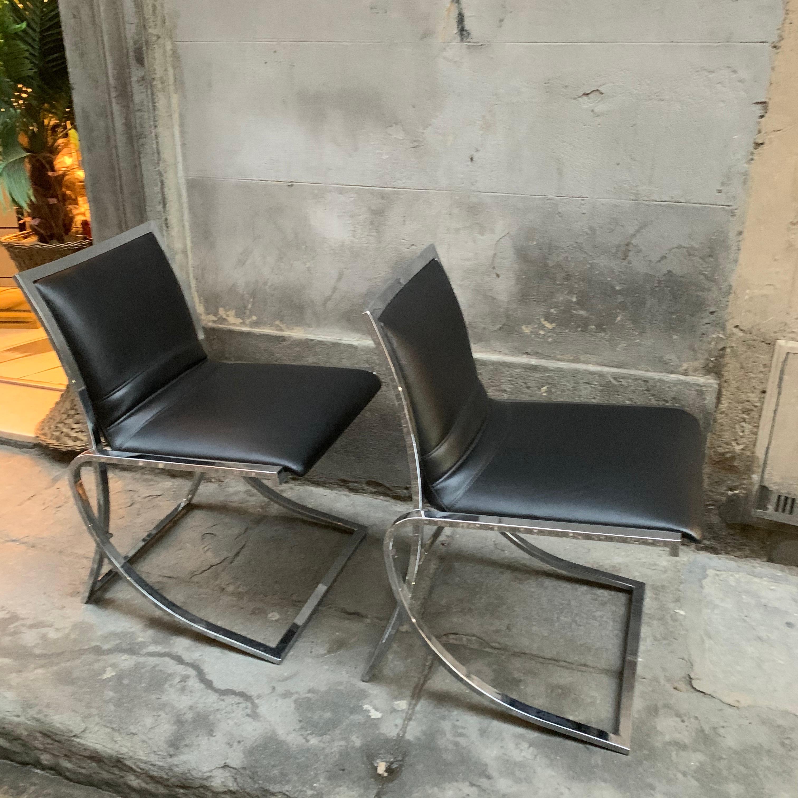 Set of Six Chairs Willy Rizzo Style, Steel Structure and Black Eco Leather, 1970 For Sale 4