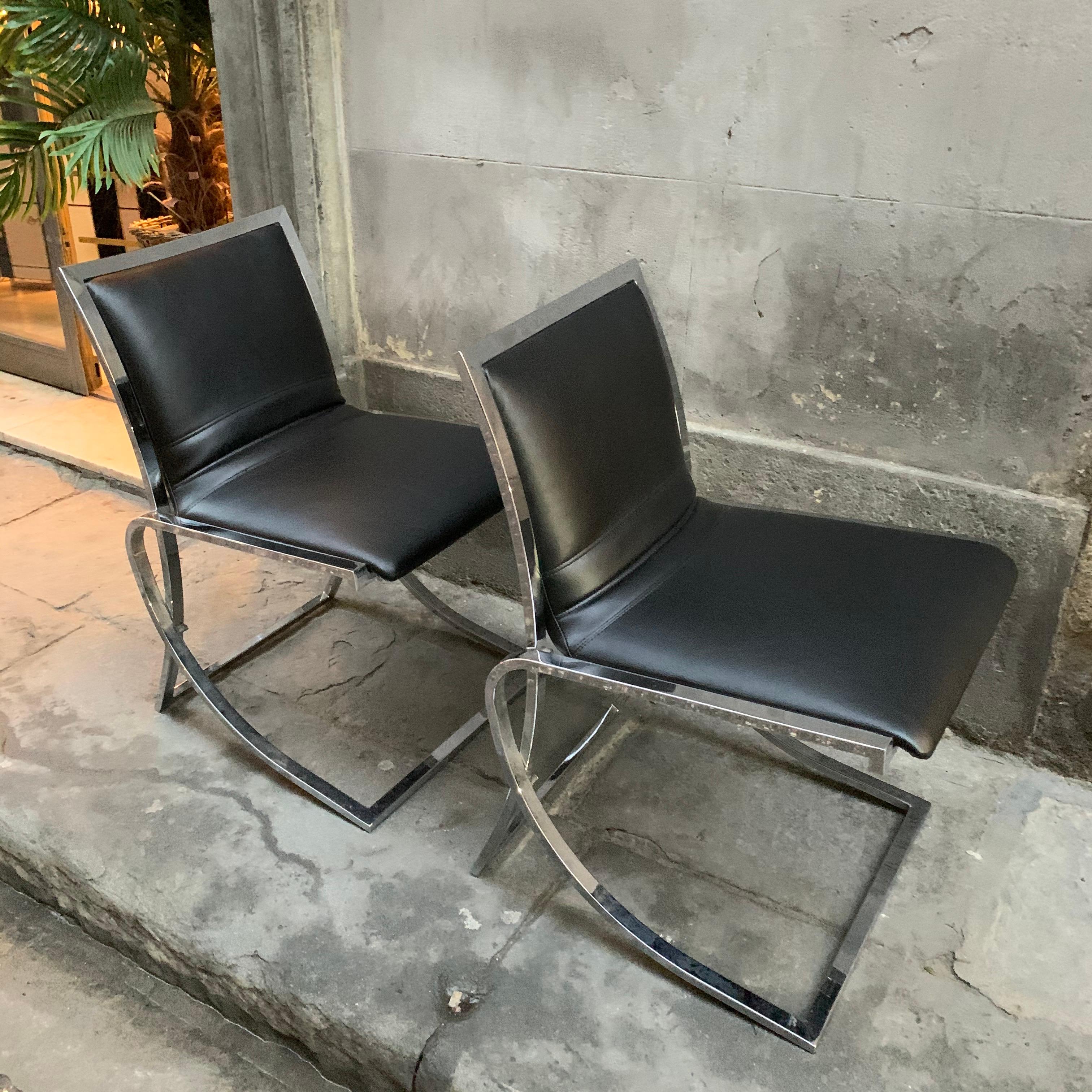 Set of Six Chairs Willy Rizzo Style, Steel Structure and Black Eco Leather, 1970 For Sale 5