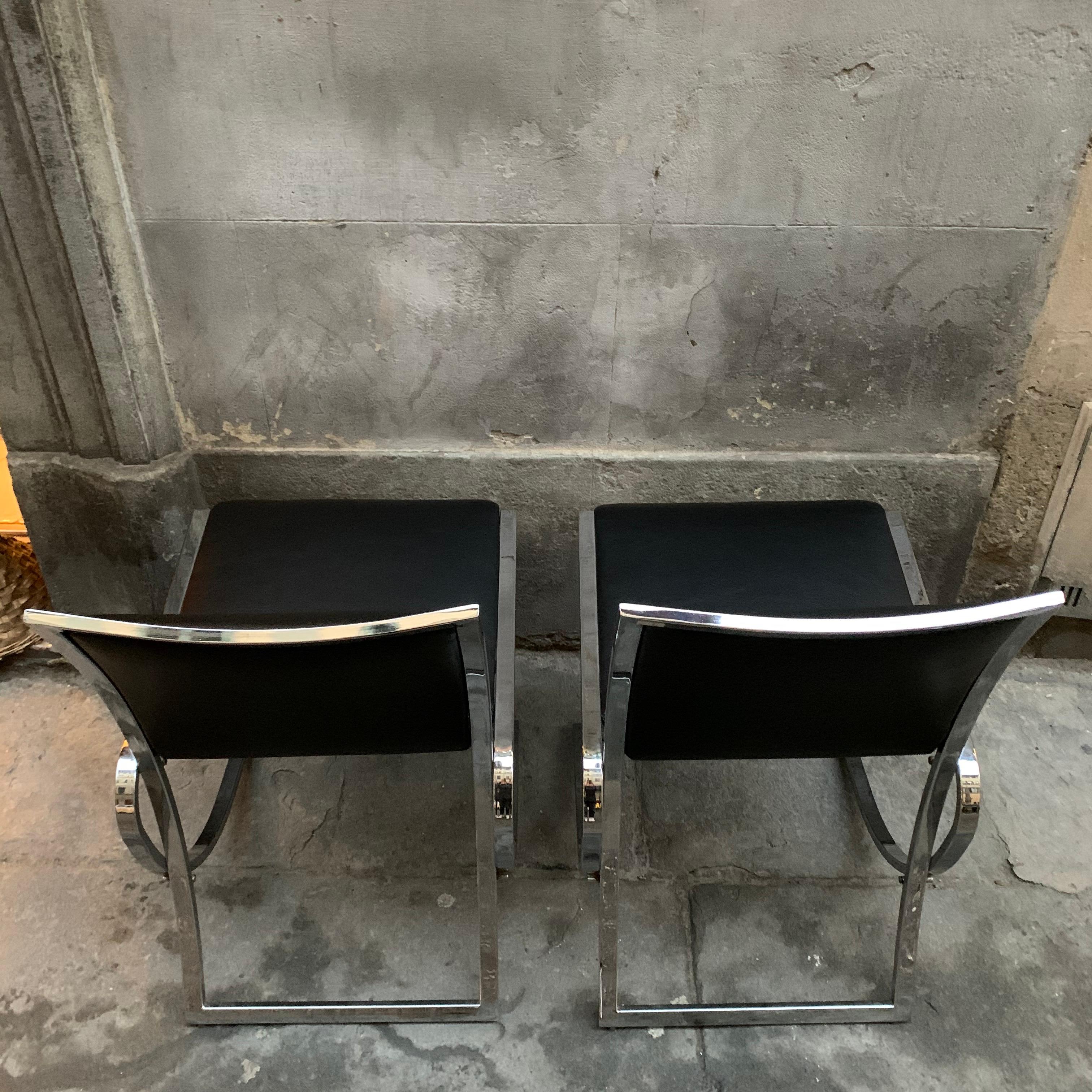 Set of Six Chairs Willy Rizzo Style, Steel Structure and Black Eco Leather, 1970 For Sale 8