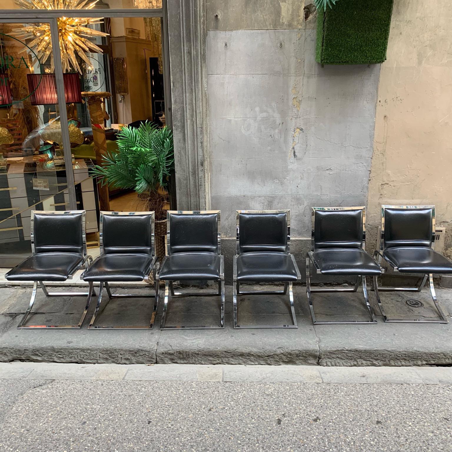 Set of six chairs Willy Rizzo style, with steel structure. Backrest and seat newly upholstered in black eco leather.