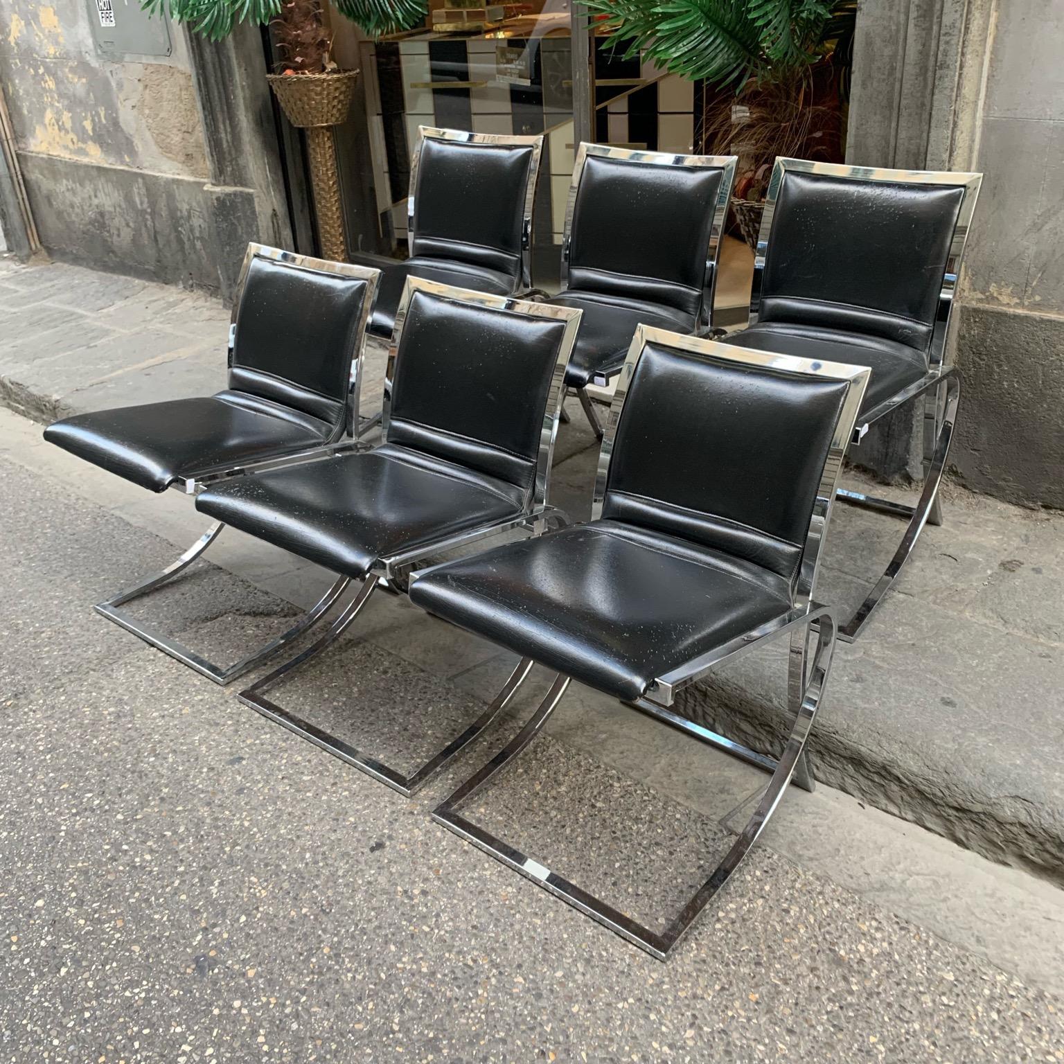 Italian Set of Six Chairs Willy Rizzo Style, Steel Structure and Black Eco Leather, 1970 For Sale
