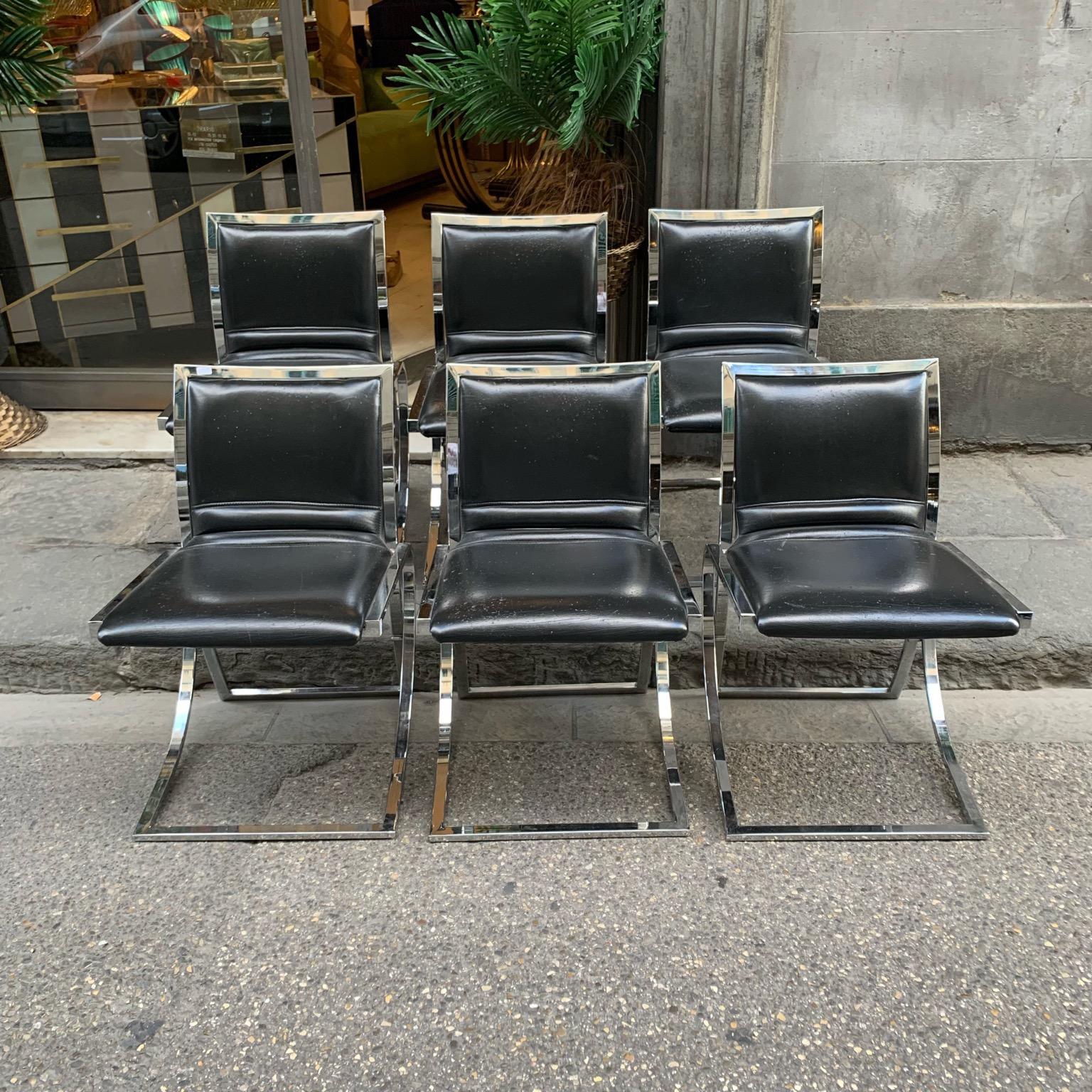 Mid-Century Modern Set of Six Chairs Willy Rizzo Style, Steel Structure and Black Eco Leather, 1970