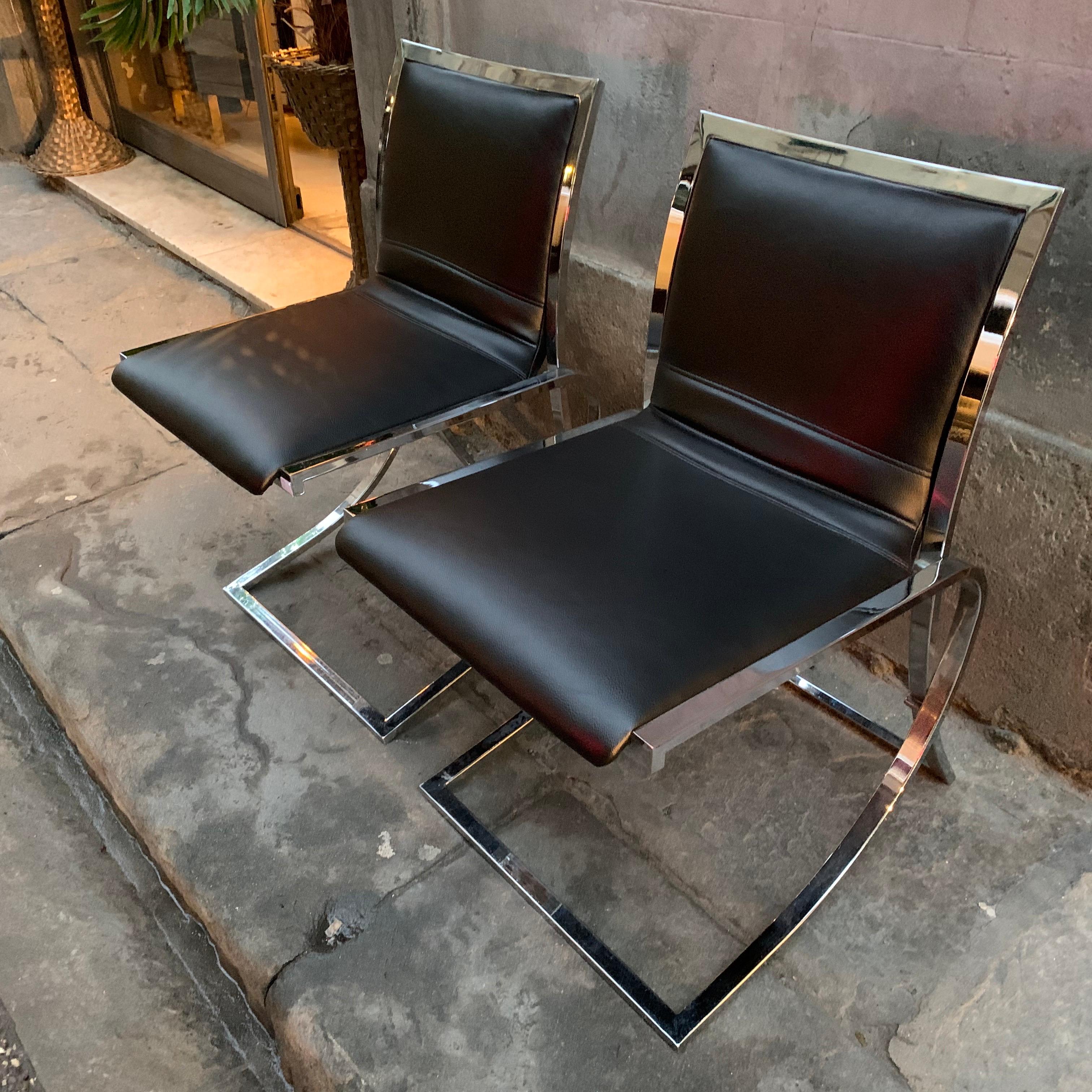 Set of Six Chairs Willy Rizzo Style, Steel Structure and Black Eco Leather, 1970 For Sale 1