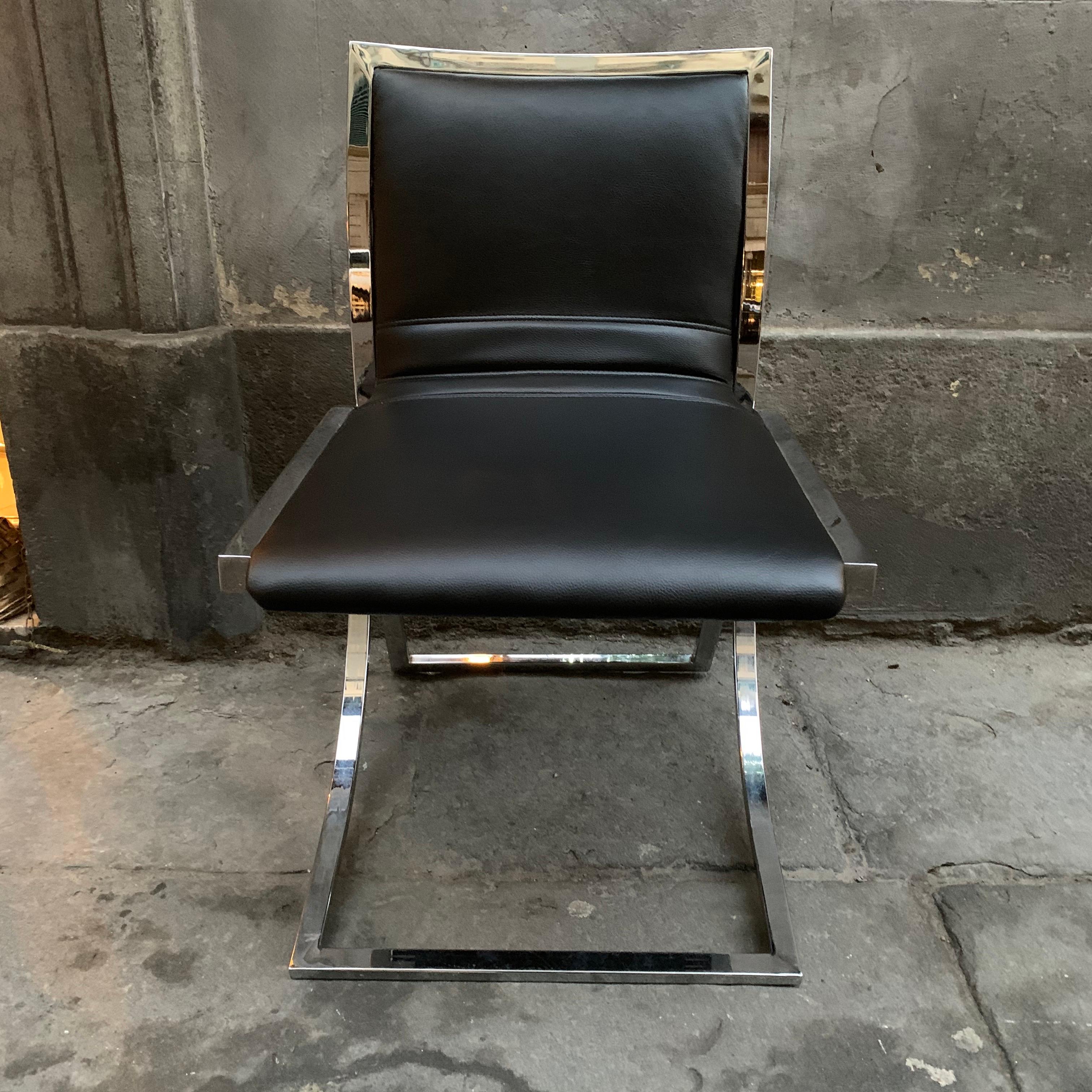 Set of Six Chairs Willy Rizzo Style, Steel Structure and Black Eco Leather, 1970 For Sale 2