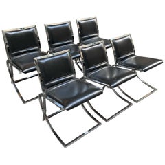 Set of Six Chairs Willy Rizzo Style, Steel Structure and Black Eco Leather, 1970