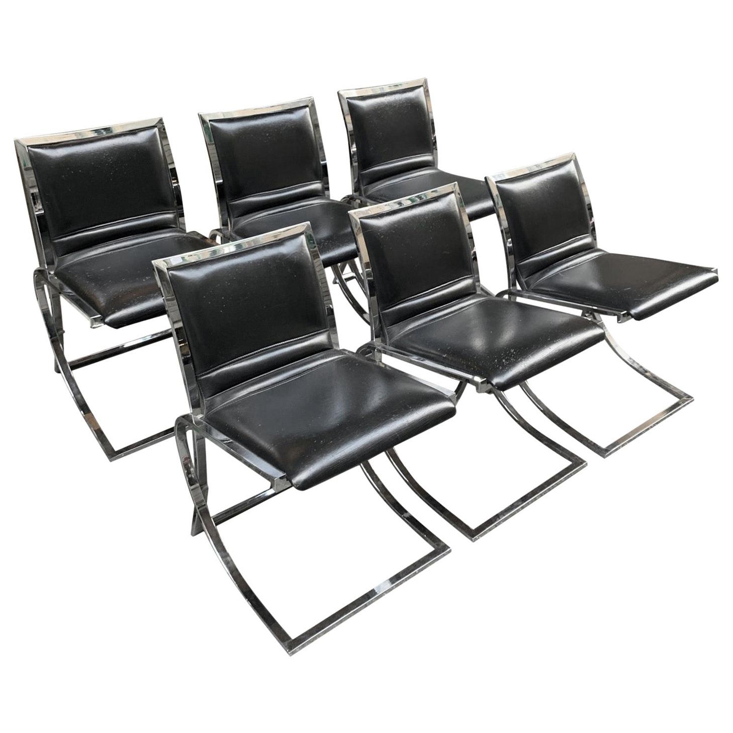 Satz von sechs Stühlen im Willy Rizzo-Stil, Stahlstruktur und schwarzes Eco-Leder, 1970