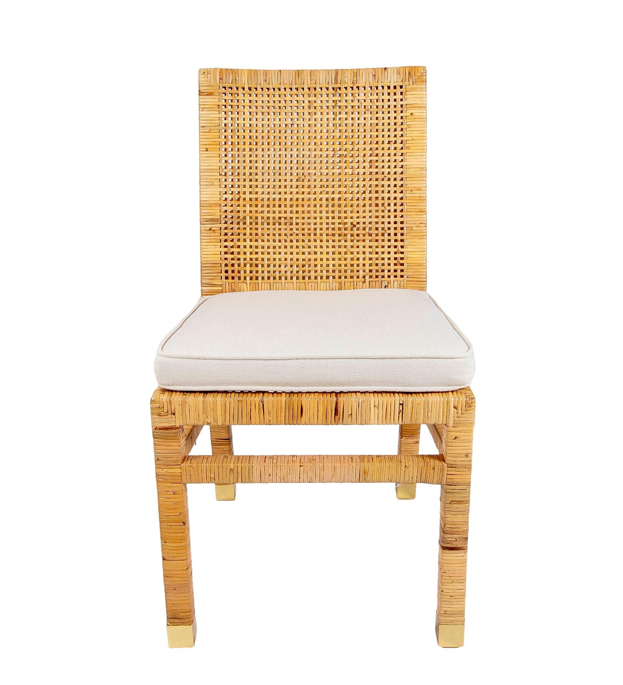 Set of Six Chairs with Mahogany Frame Covered in Rattan and Brass on Legs For Sale 6