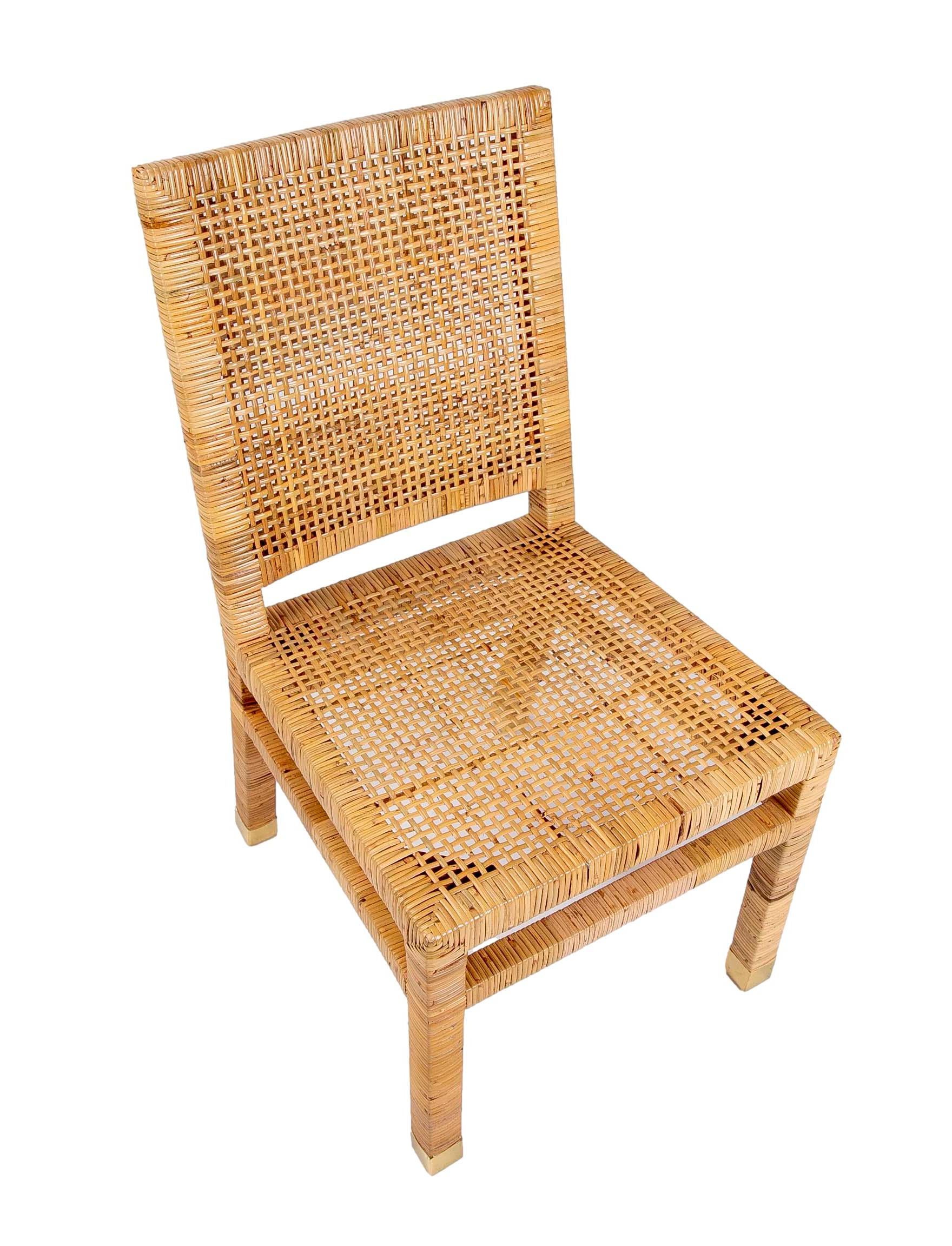 Set of Six Chairs with Mahogany Frame Covered in Rattan and Brass on Legs For Sale 7