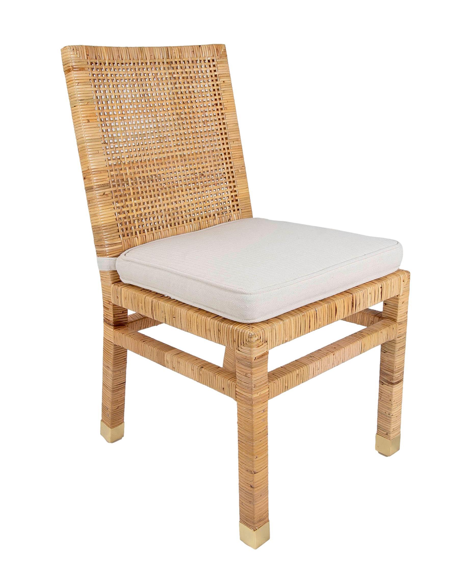 European Set of Six Chairs with Mahogany Frame Covered in Rattan and Brass on Legs For Sale