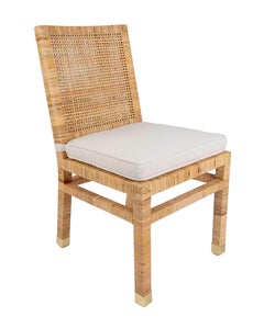 Set of Six Chairs with Mahogany Frame Covered in Rattan and Brass on Legs