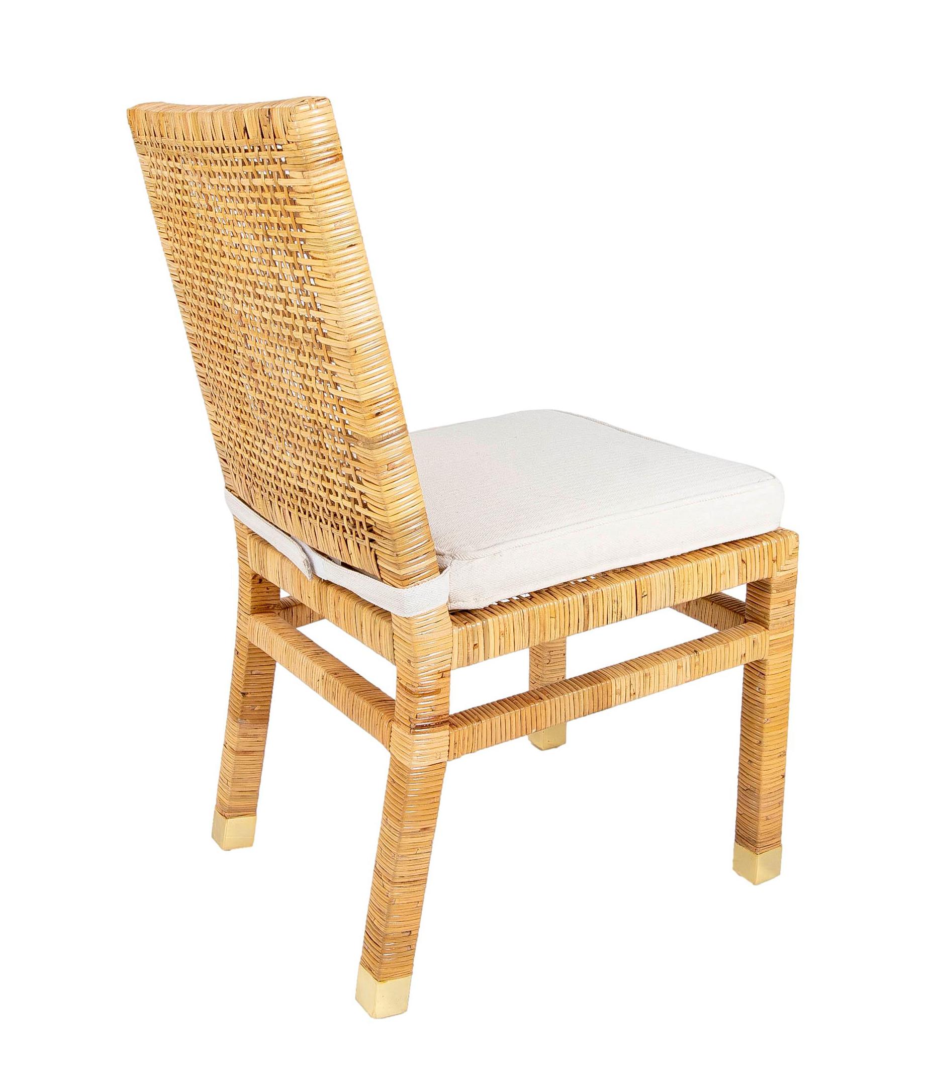 Contemporary Set of Six Chairs with Mahogany Frame Covered in Rattan and Brass on Legs For Sale