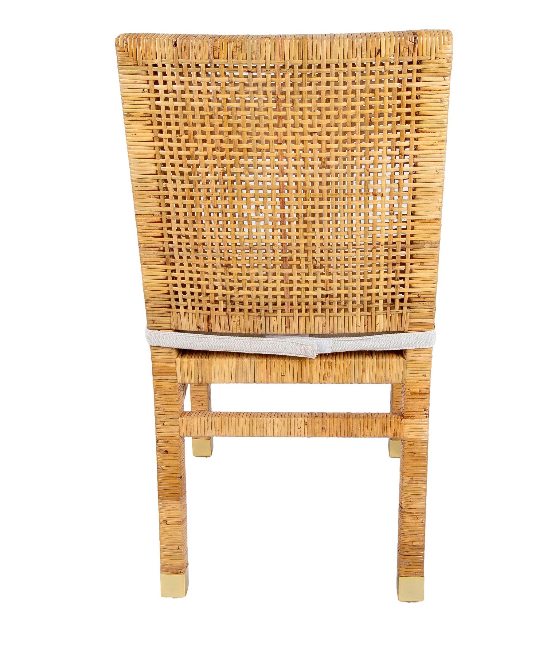 Set of Six Chairs with Mahogany Frame Covered in Rattan and Brass on Legs For Sale 1