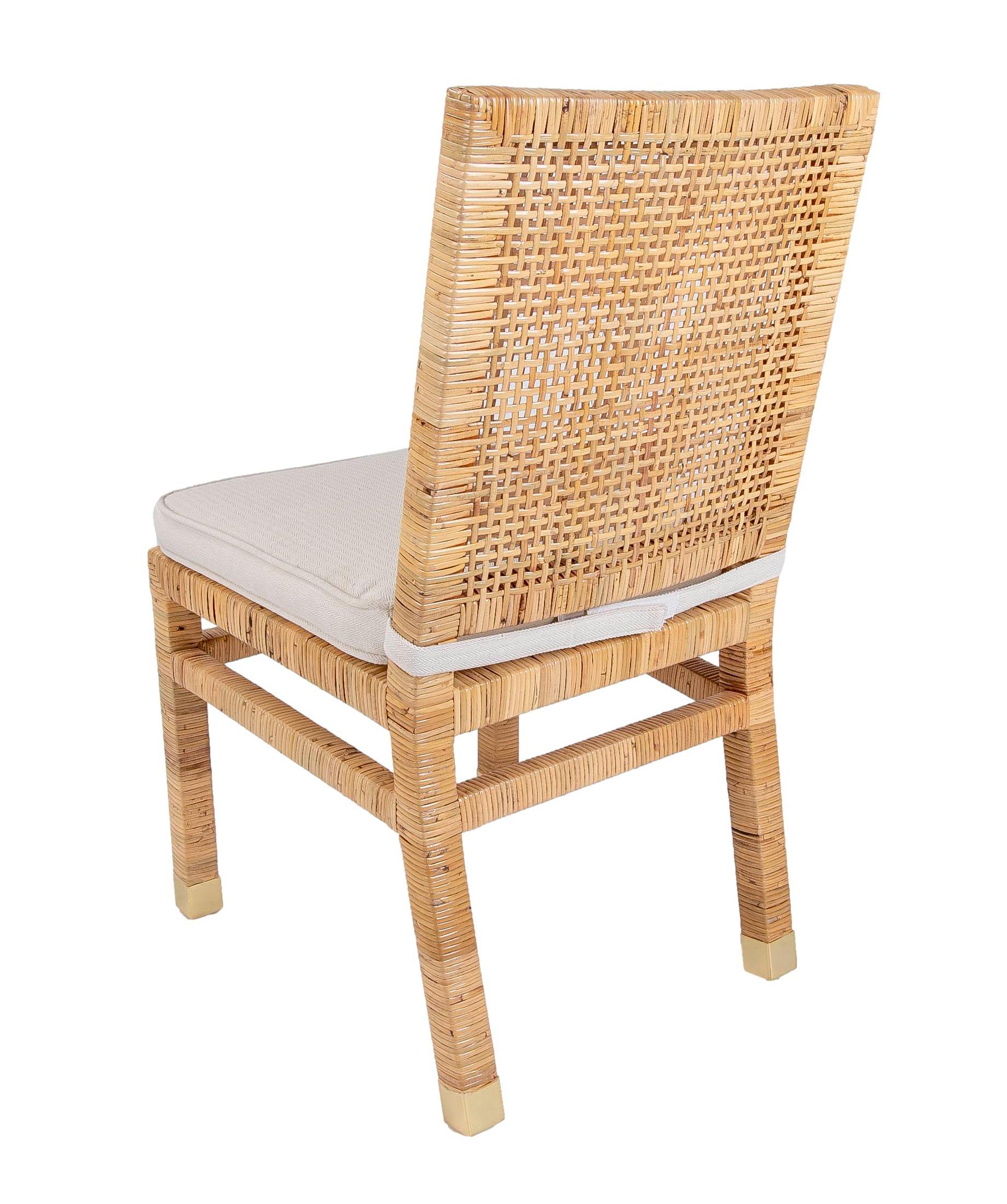 Set of Six Chairs with Mahogany Frame Covered in Rattan and Brass on Legs For Sale 2
