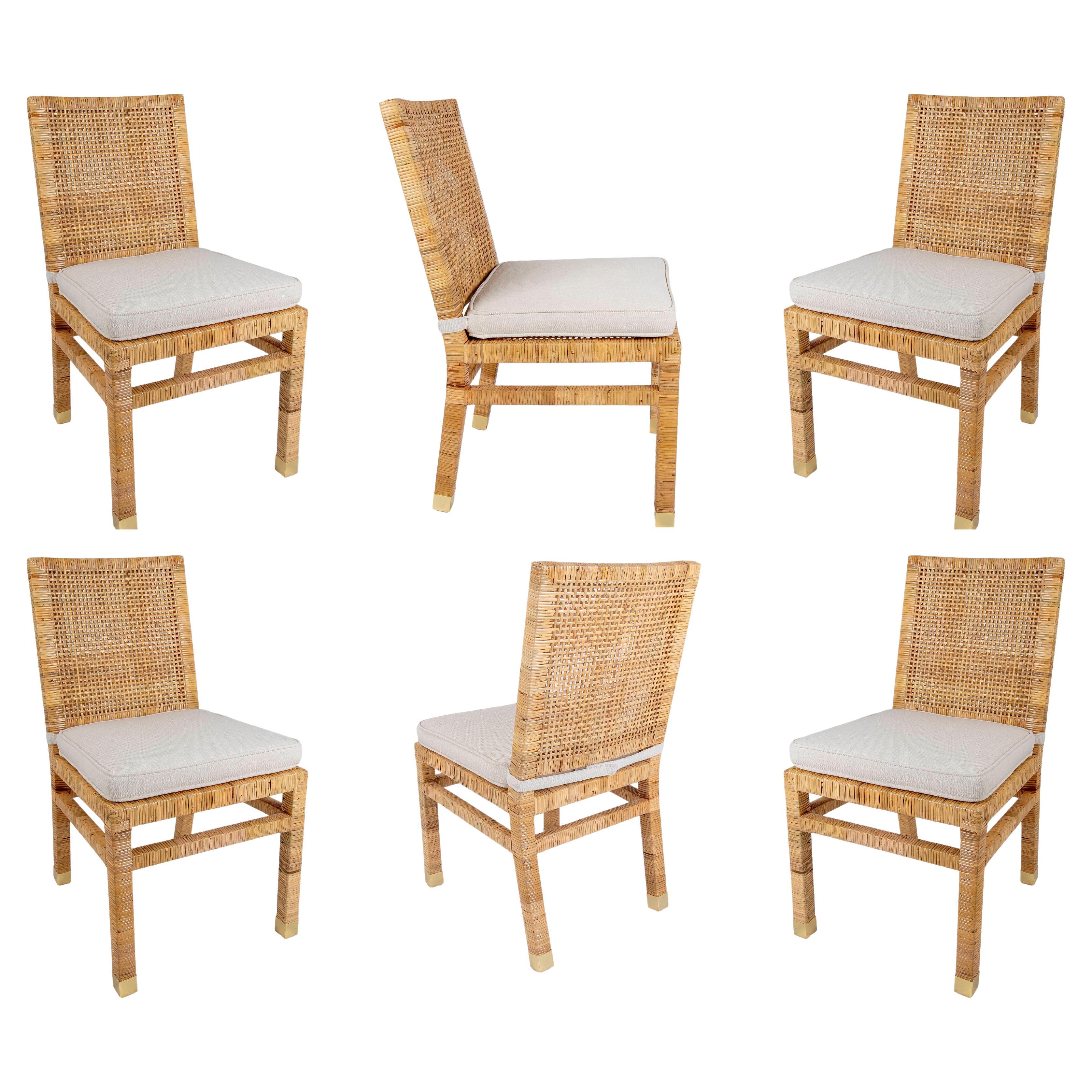 Set of Six Chairs with Mahogany Frame Covered in Rattan and Brass on Legs For Sale