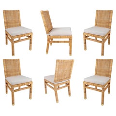 Set of Six Chairs with Mahogany Frame Covered in Rattan and Brass on Legs