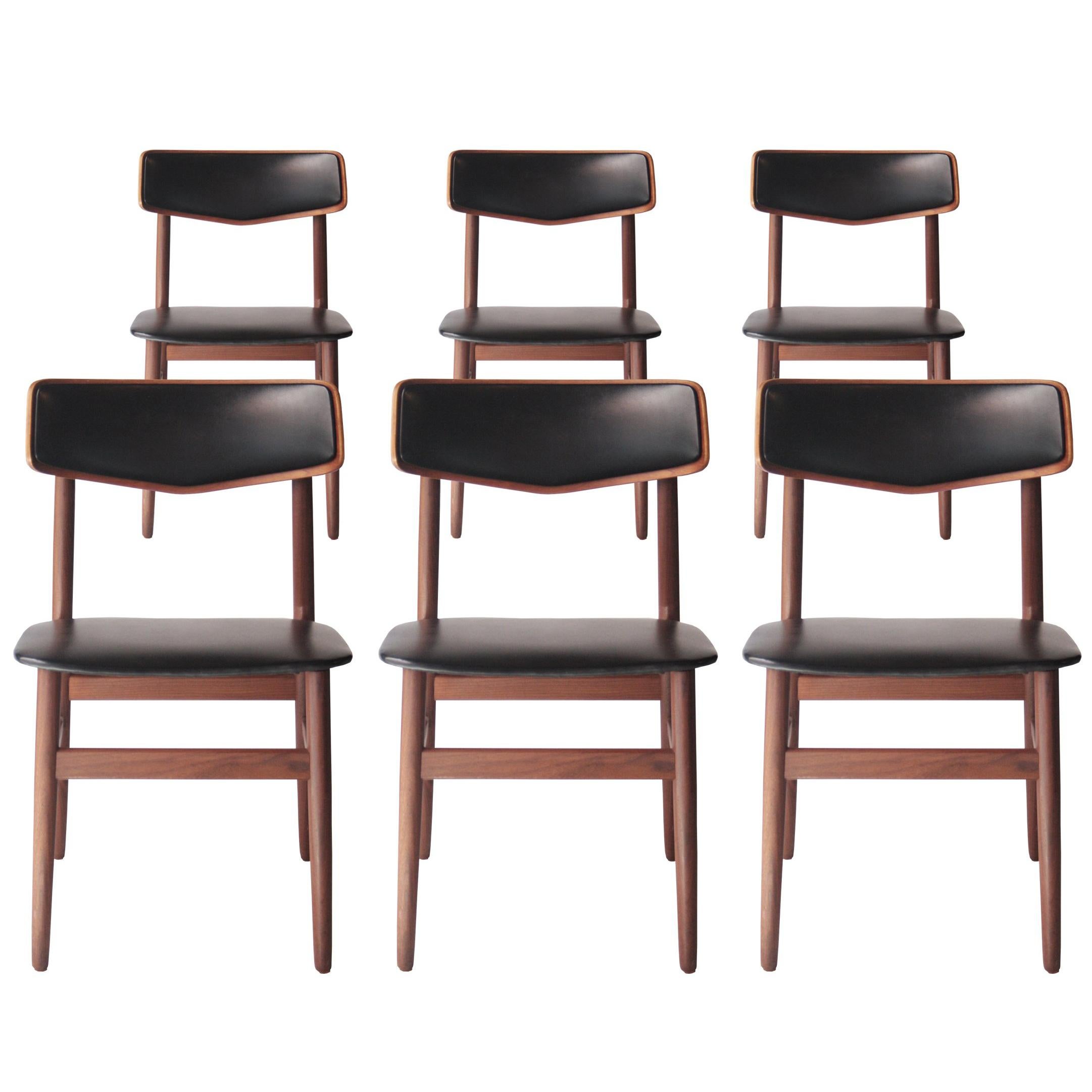 Mid-Century Modern Brown Black Rosewood Leather Swedish Set Of Six Chairs, 1950 