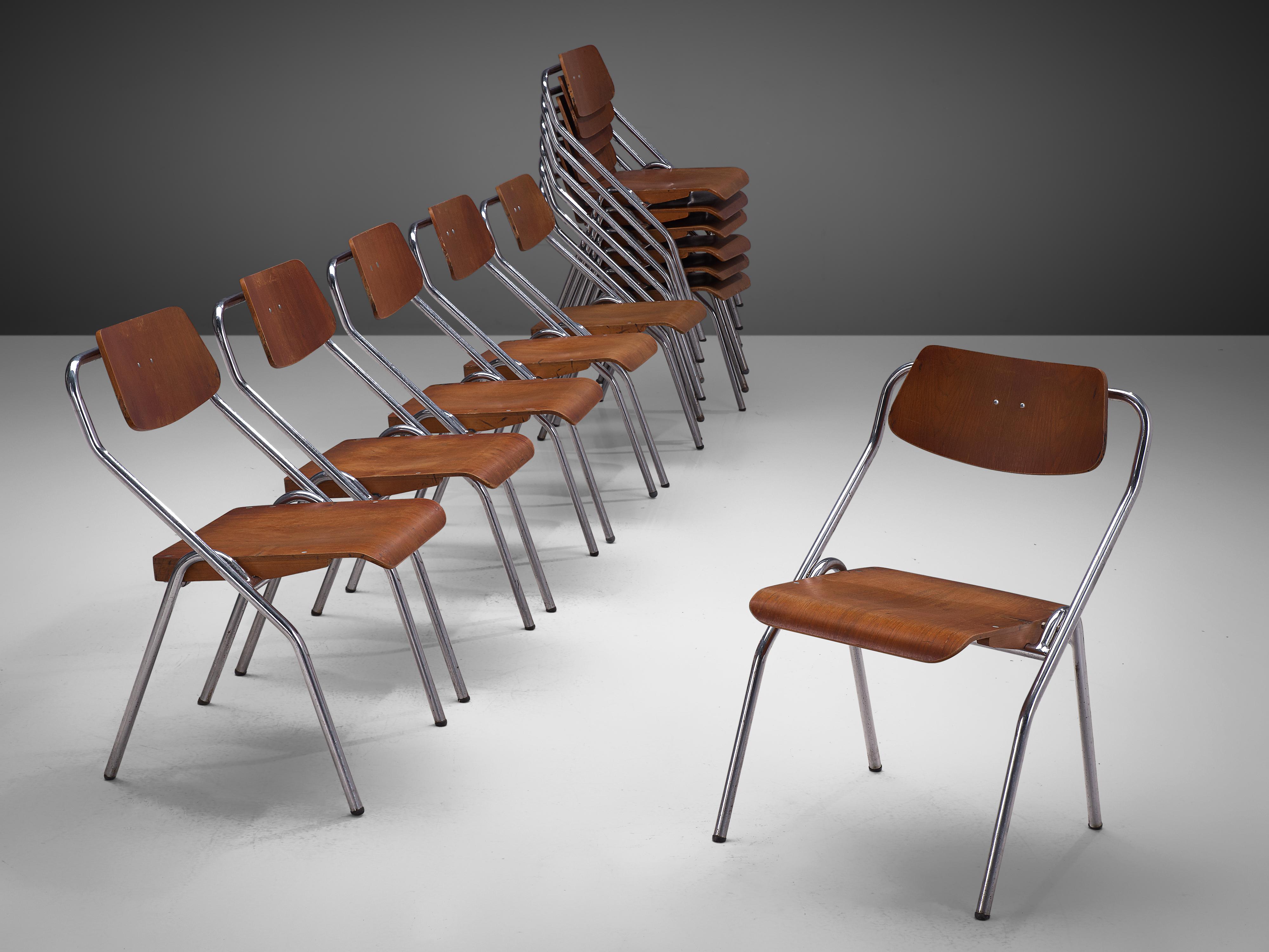 Set of six foldable chairs, chrome-plated metal and plywood, The Netherlands, circa. 1930

This set of midcentury Dutch School chairs would be a great choice for your project if you are looking for chairs that are easy to store. The seats are