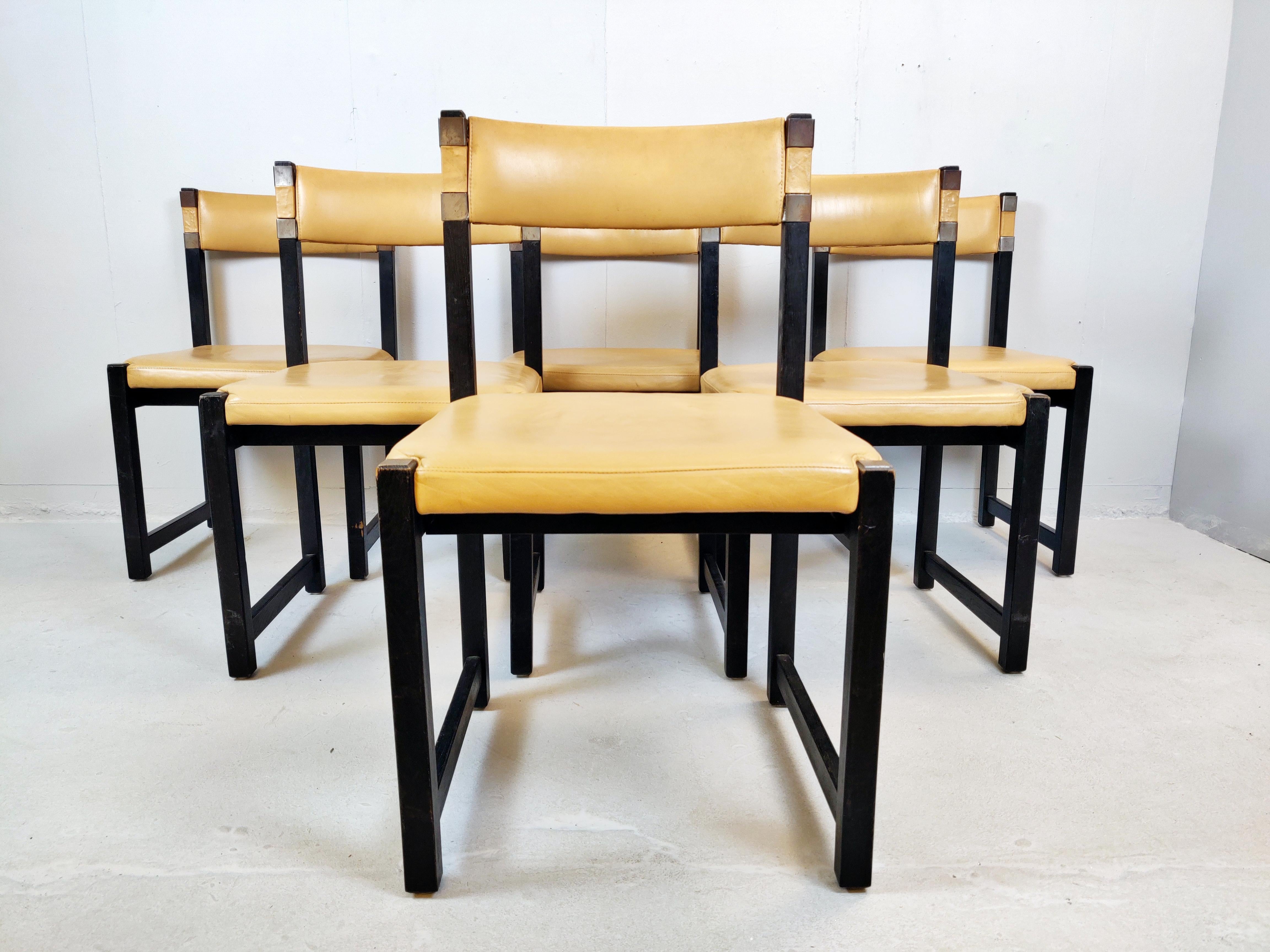 Set of six chairs, wood and leather, circa 1970.