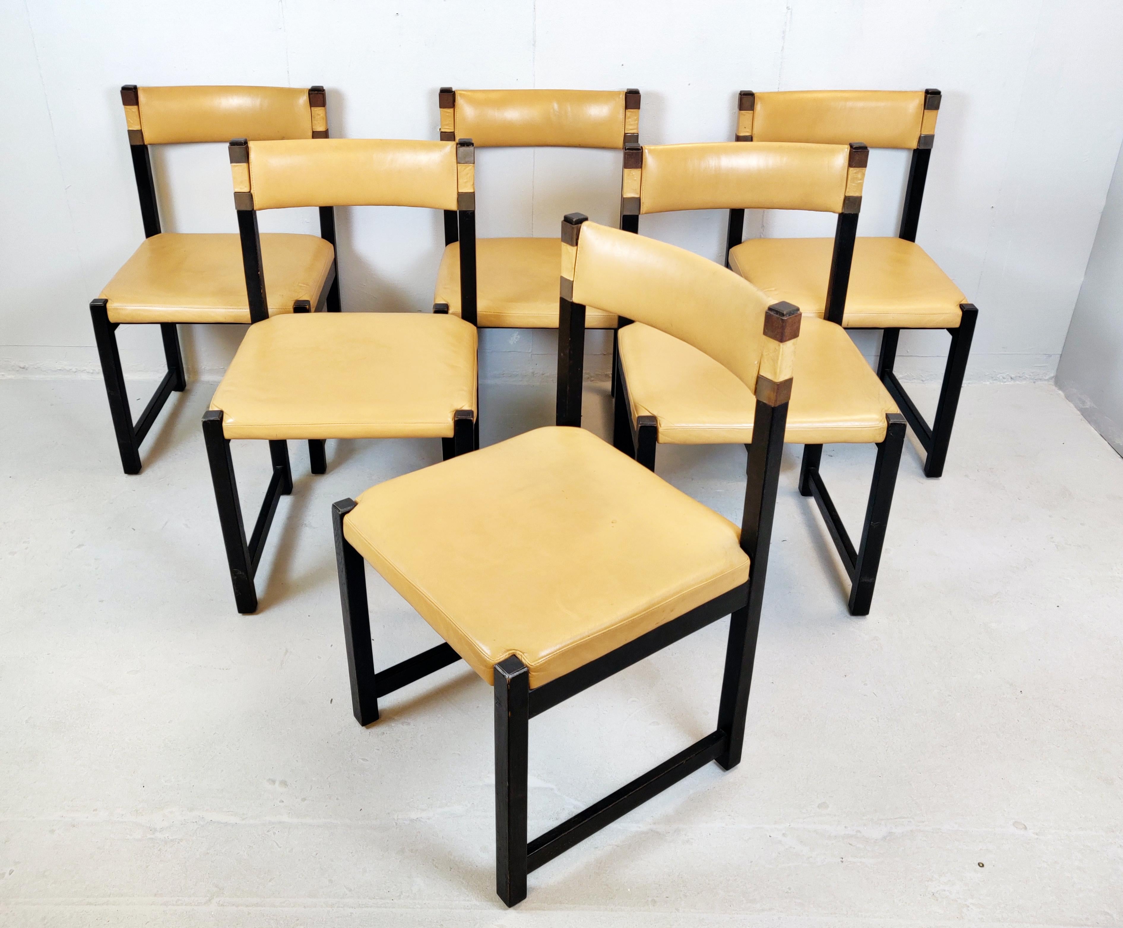 Mid-Century Modern Set of Six Chairs, Wood and Leather, circa 1970 For Sale