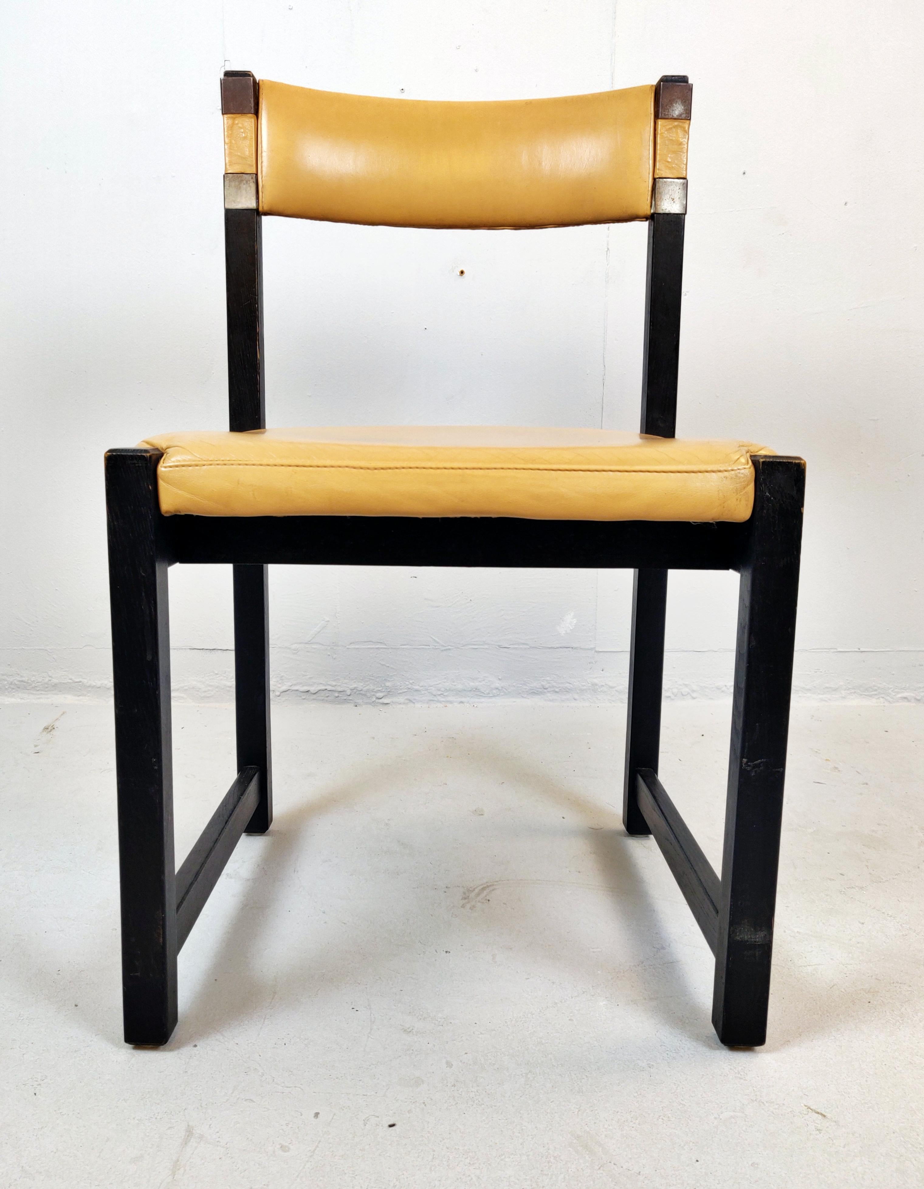 20th Century Set of Six Chairs, Wood and Leather, circa 1970 For Sale